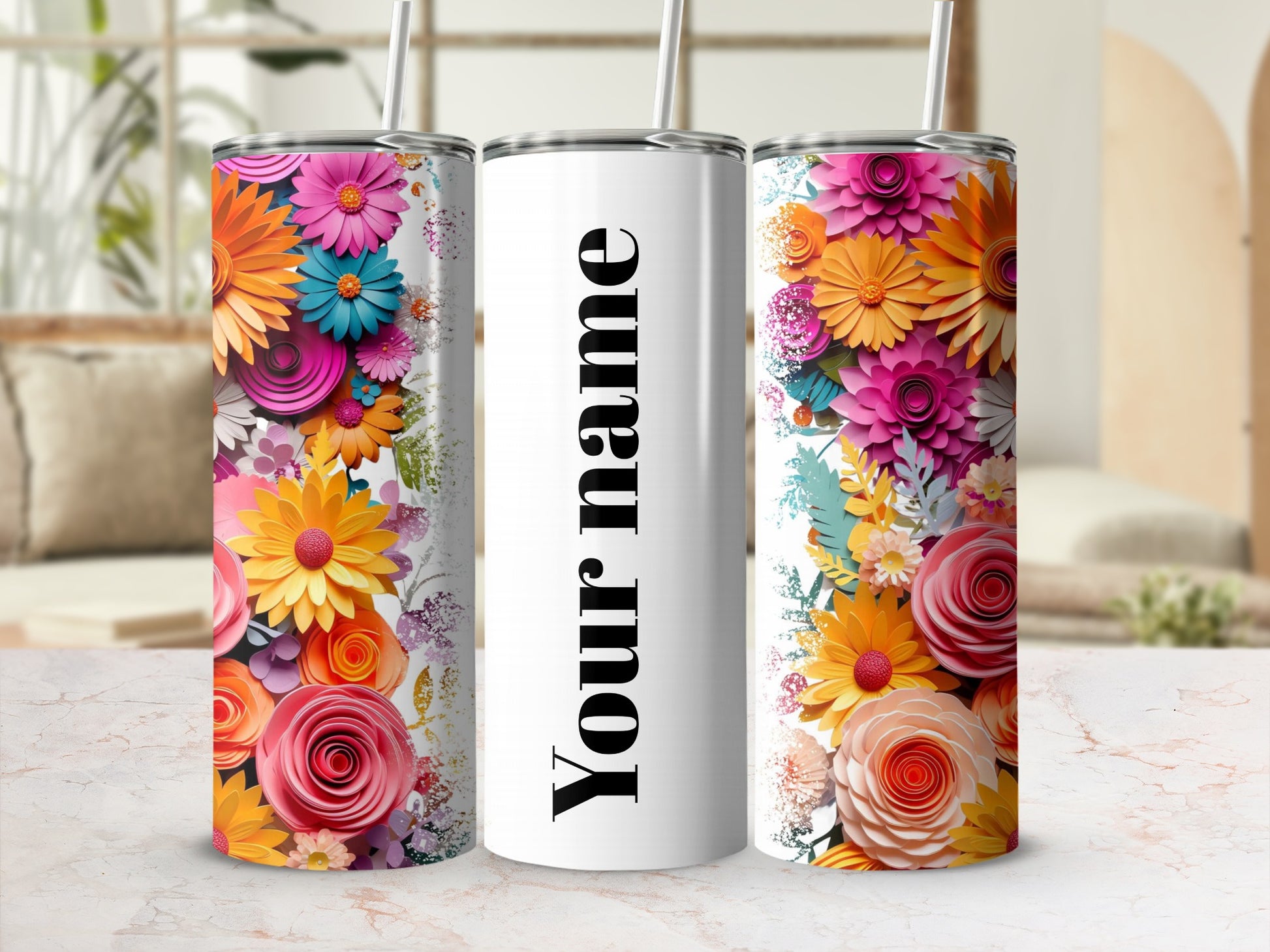 Personalized Floral Tumbler with Name Design Insert Custom