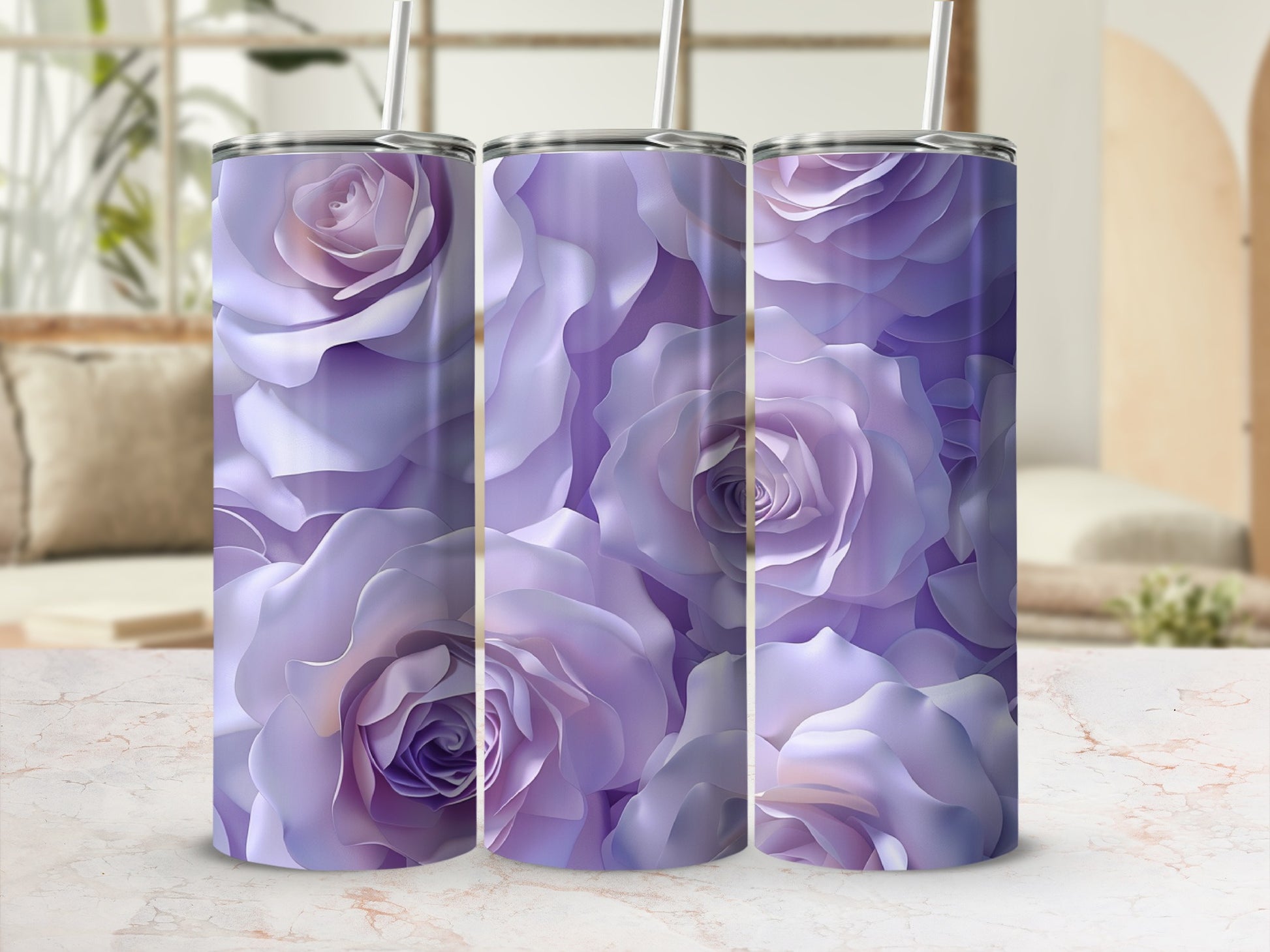 Three tumblers with a purple rose floral pattern.
