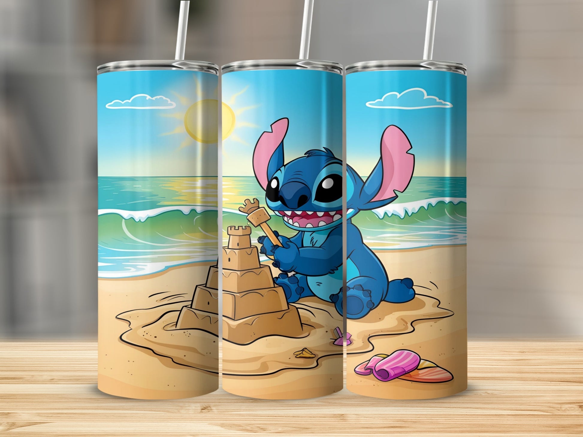 Stitch character building a sandcastle on a beach with the ocean in the background.