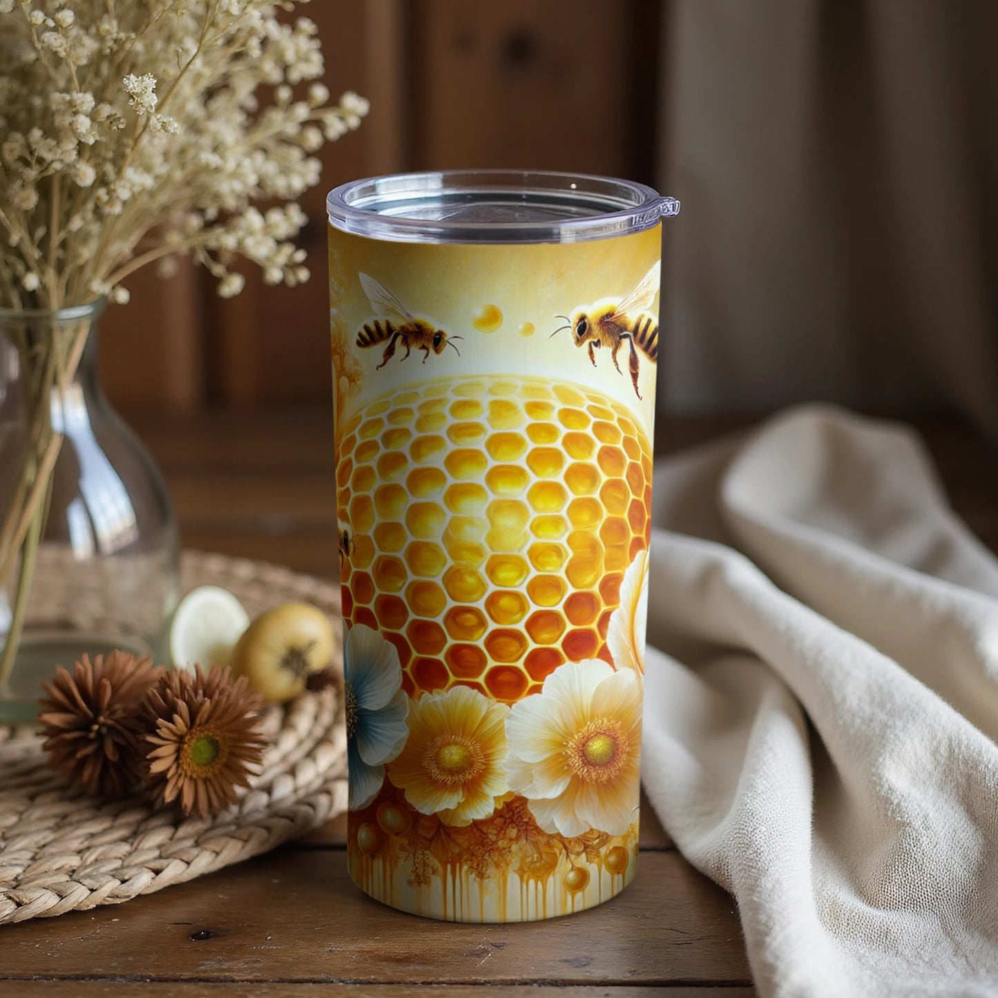 Honeycomb and Bee Design Double Wall Vacuum Tumbler