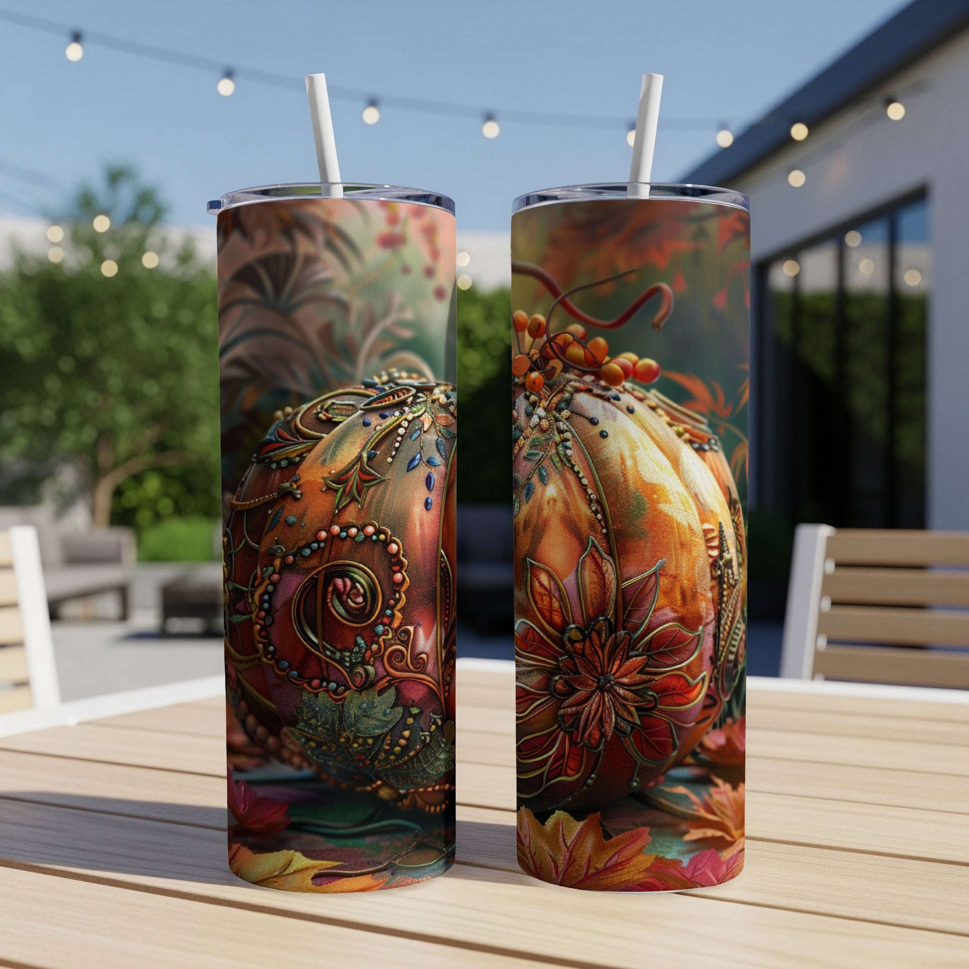 Two tumblers with ornate pumpkin and autumn leaf design on a table outdoors.