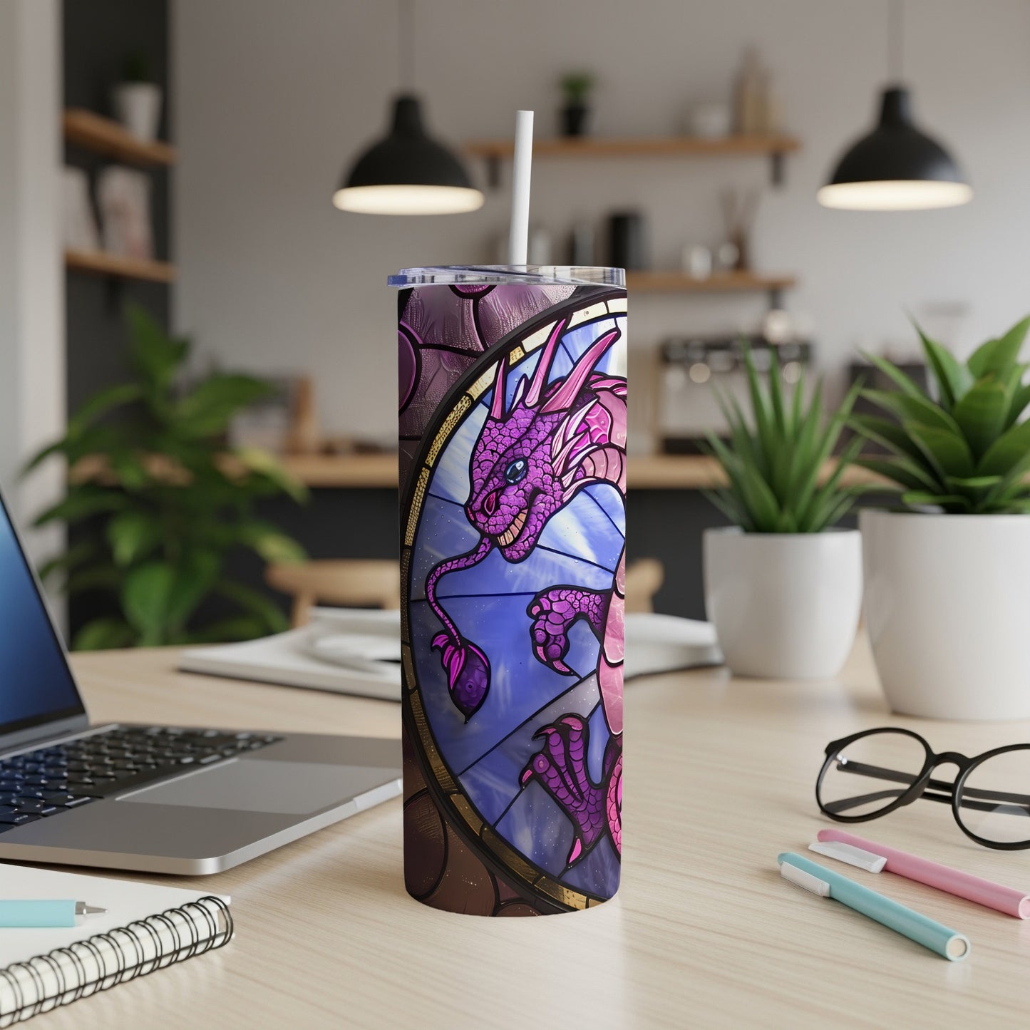 Purple dragon in stained glass design on a white tumbler.
