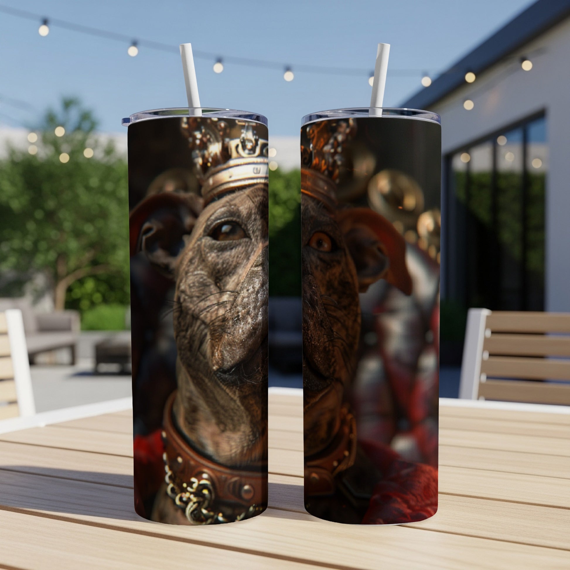 Dog with crown and collar on a tumbler.