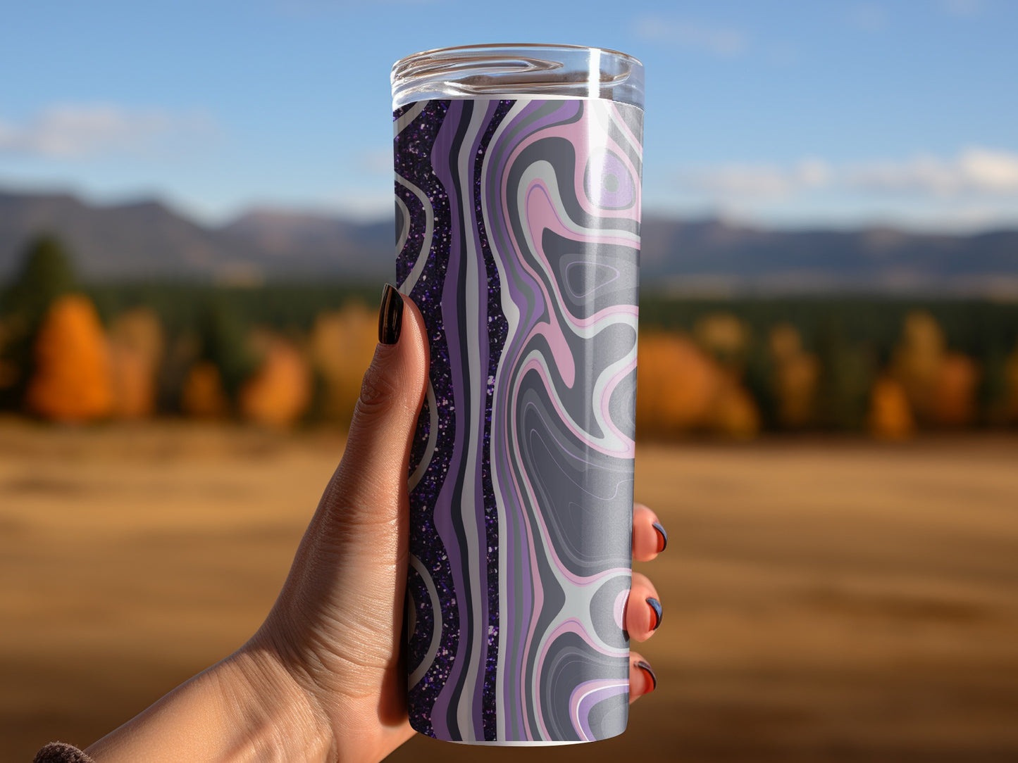 Swirling Abstract Purple Grey Tones With Glitter Tumblers