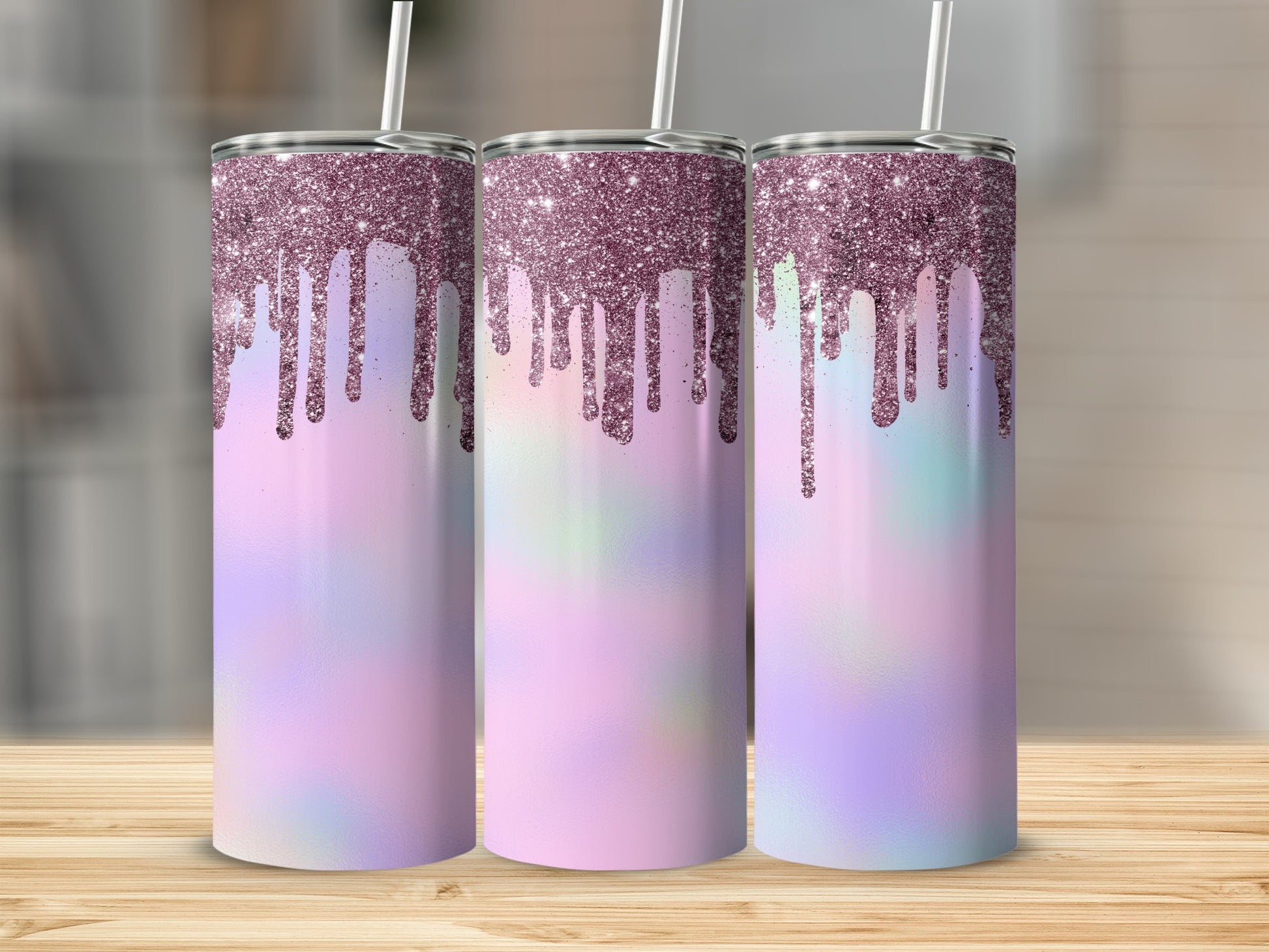Three tumblers with dripping glitter design and pastel tie-dye pattern.