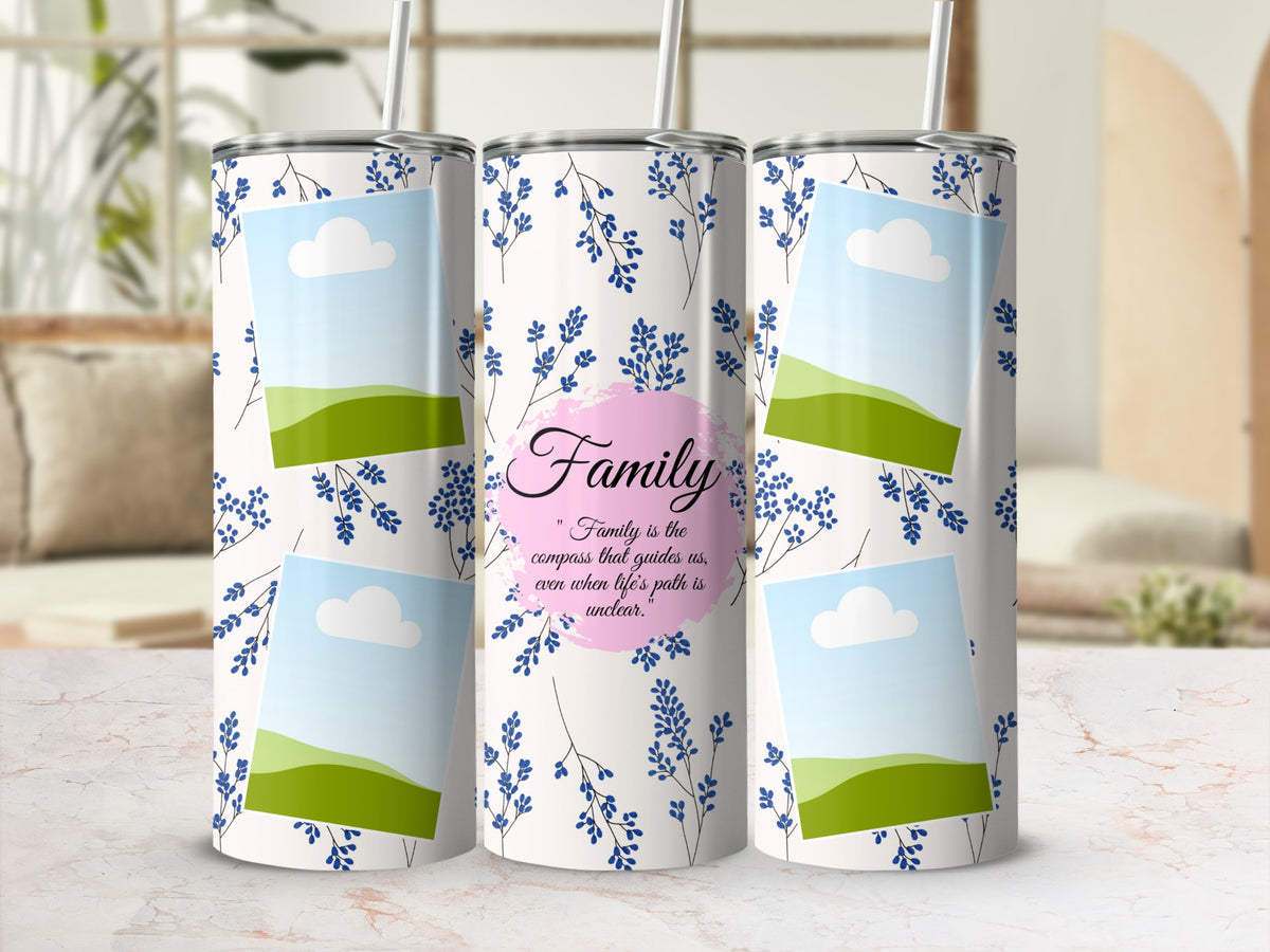 Tumbler with blue floral pattern, photo placeholders, and "Family" quote.