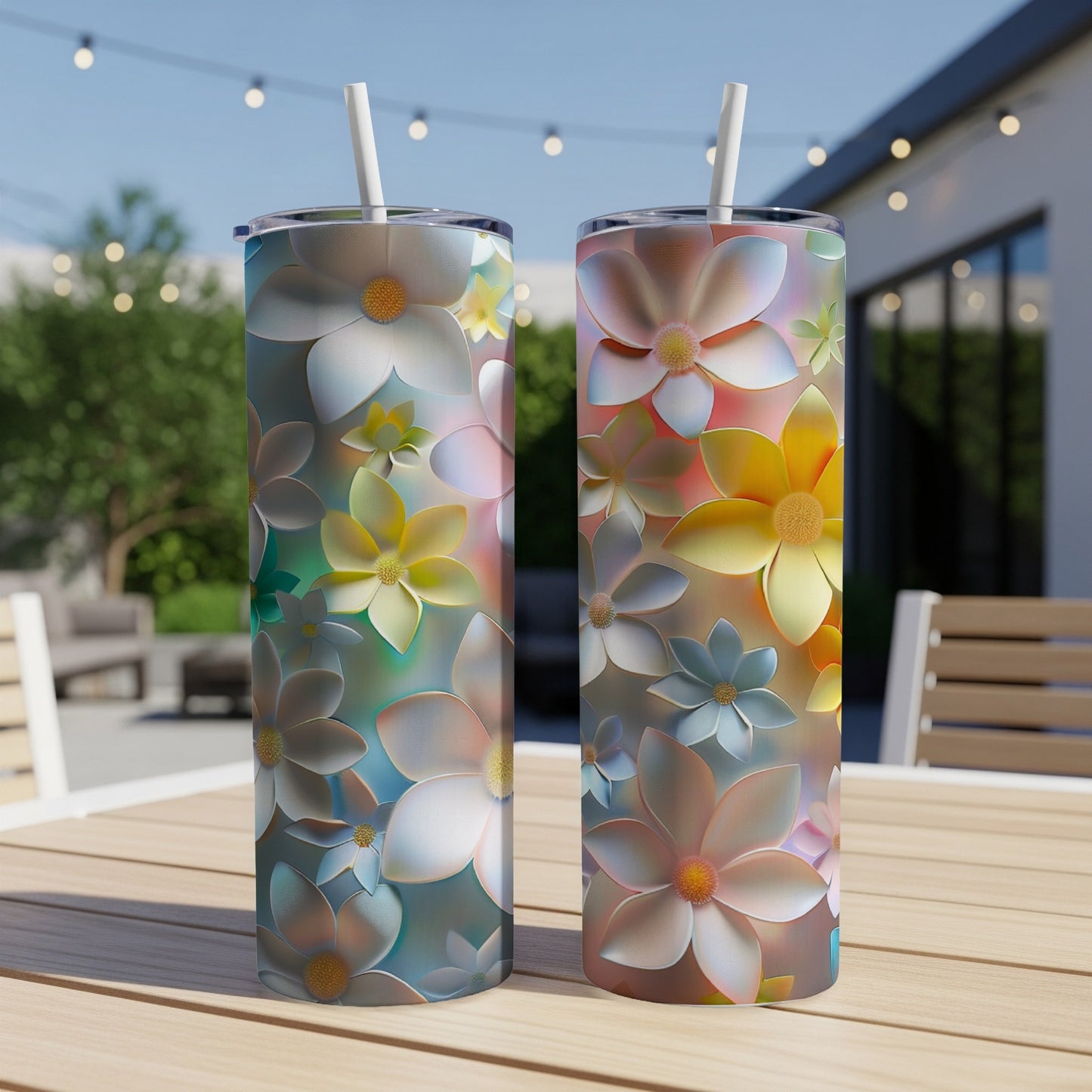Two tumblers with pastel floral designs on a wooden table.