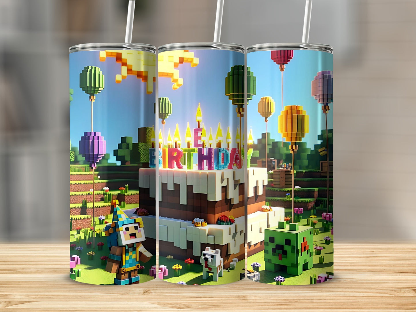 Minecraft Birthday Party Tumbler with Hot Air Balloons