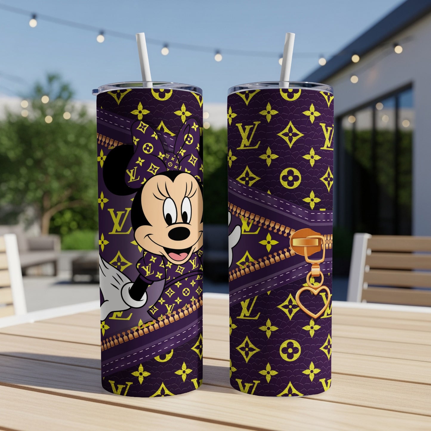 Minnie Mouse in designer pattern on purple zipper tumbler with heart charm.