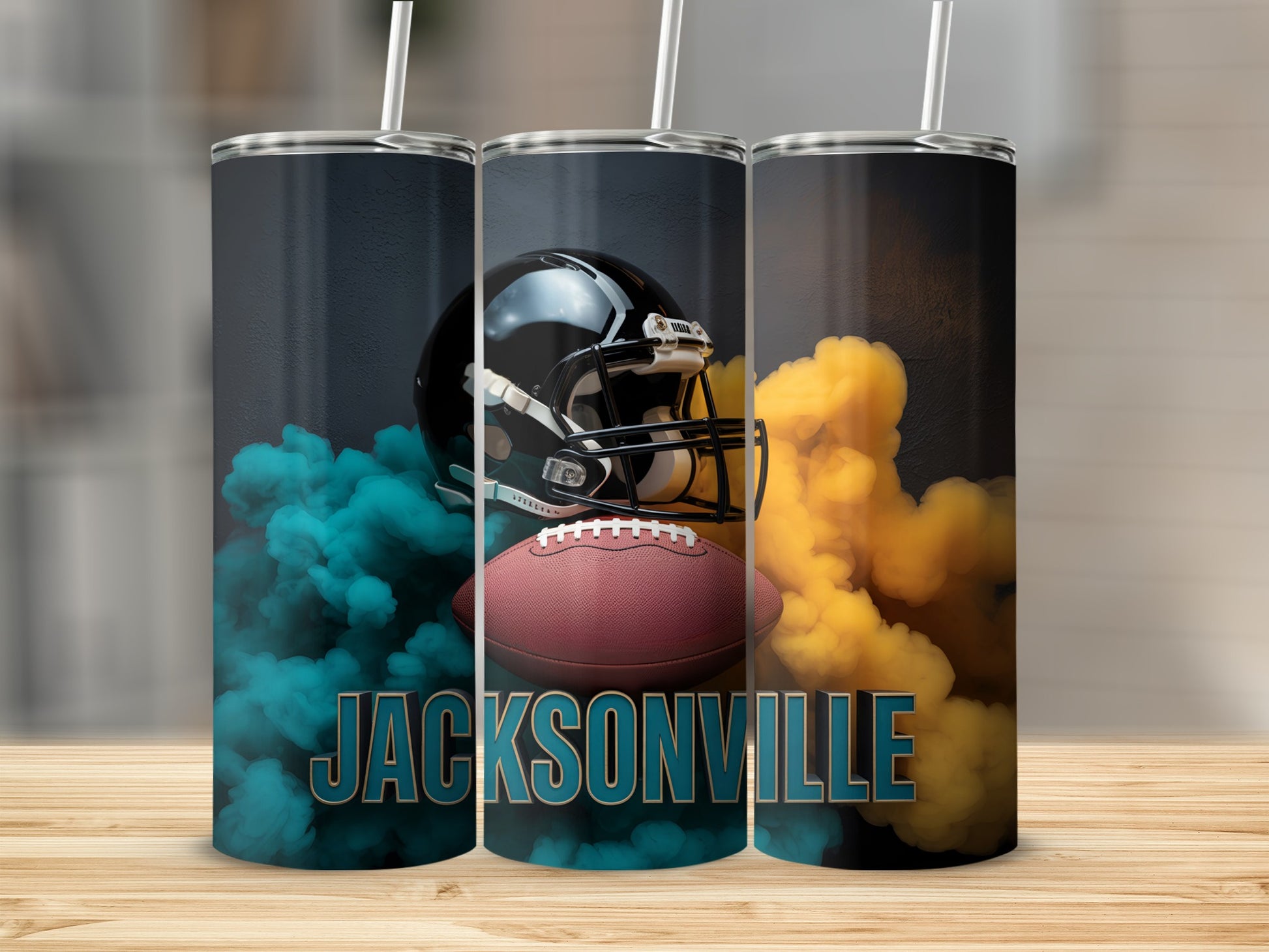 Three tumblers featuring Jacksonville Jaguars helmet, football, and smoke.