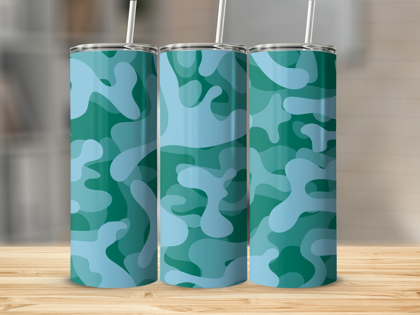 Blue and Green Camouflage Tumbler with Straw