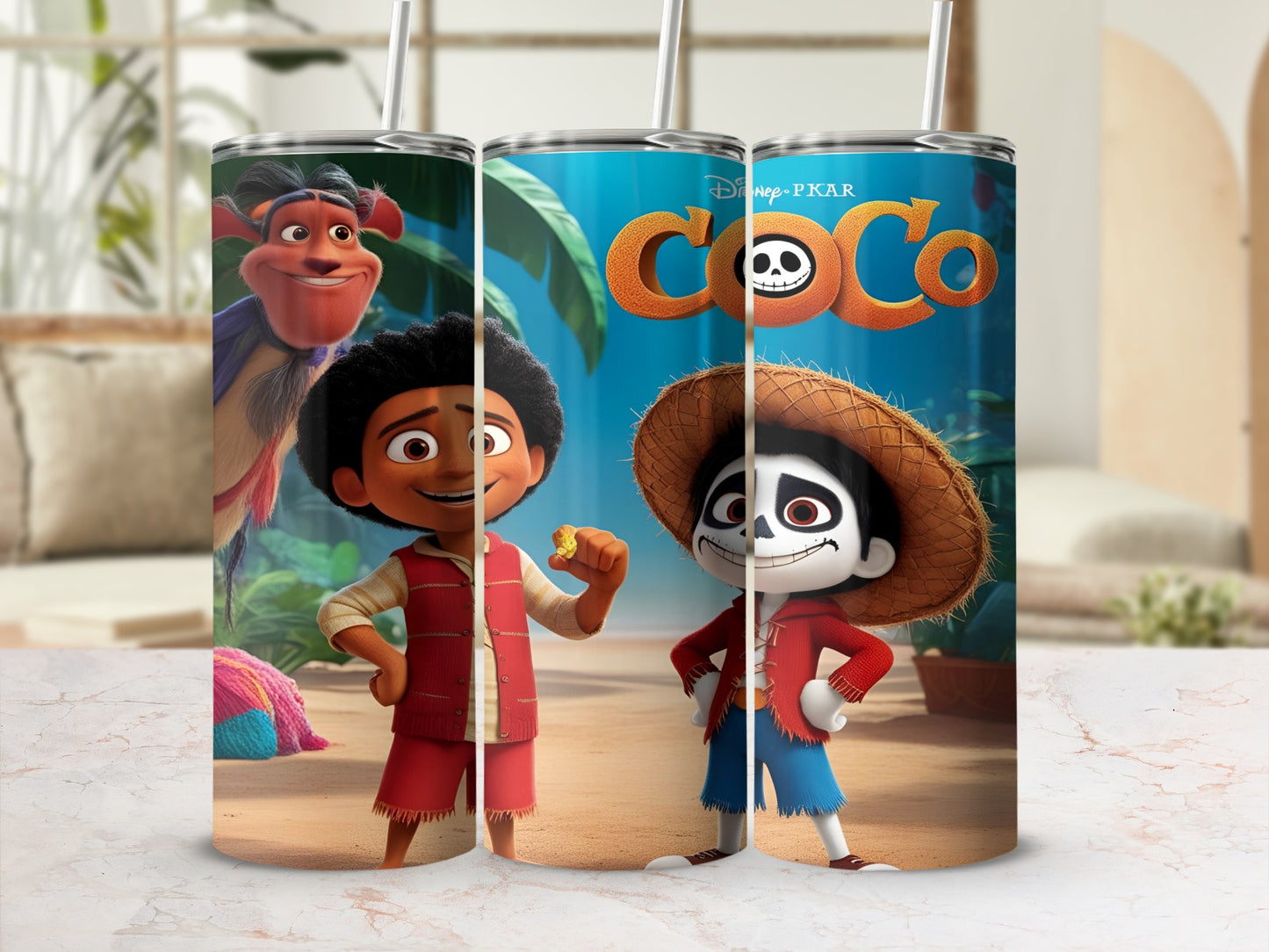 Miguel and Hector characters from Disney Pixar's Coco movie on a tumbler.