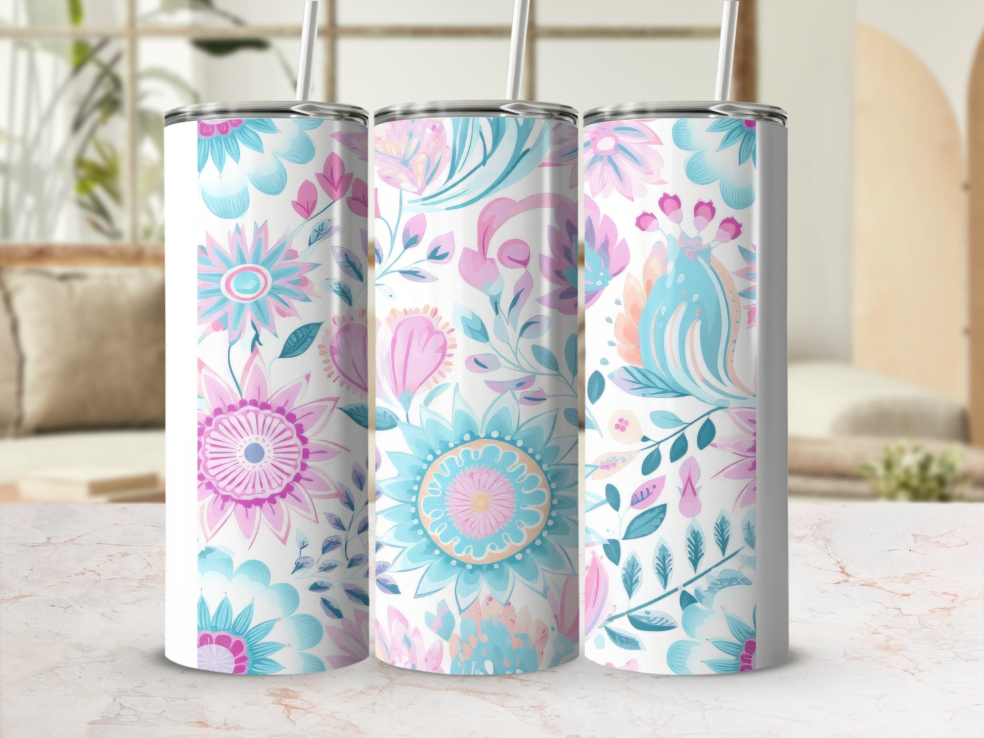 Floral Pattern Tumbler with Straw 20 oz Drinkware