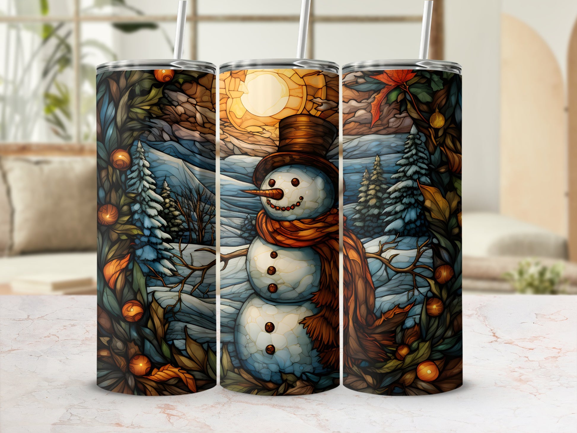 Snowman with orange scarf and top hat in winter landscape on tumbler.