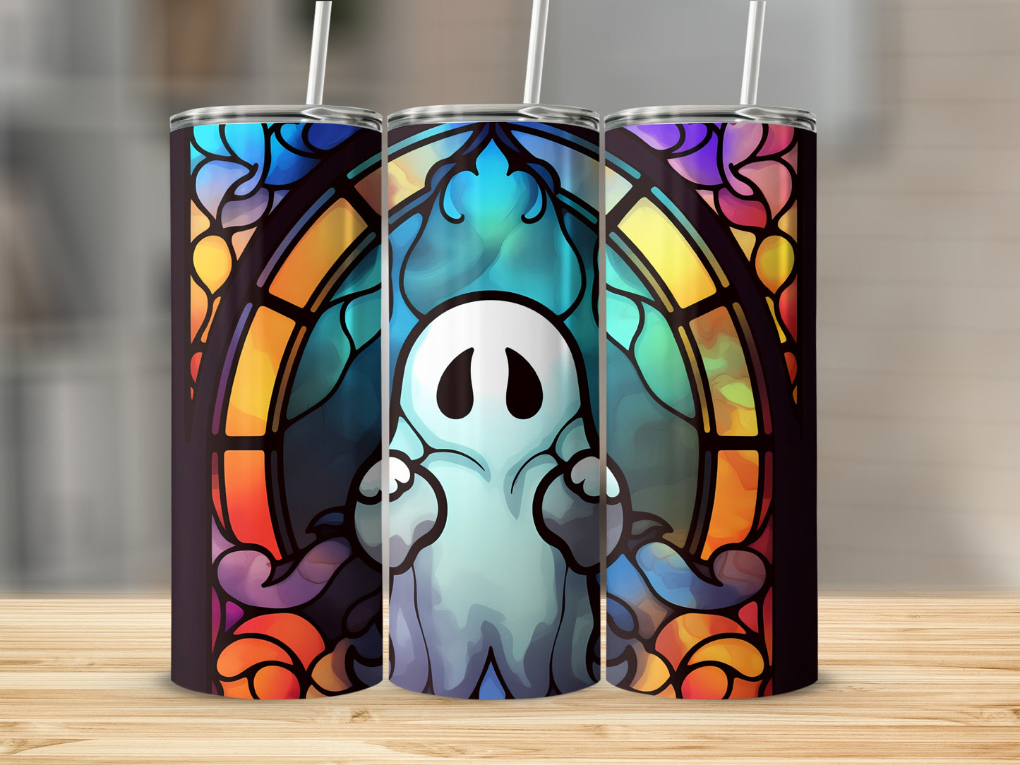 Ghost in stained glass design on a tumbler.