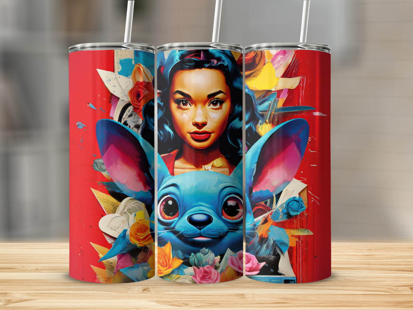 Blue character with large ears and woman's face on a red abstract background.