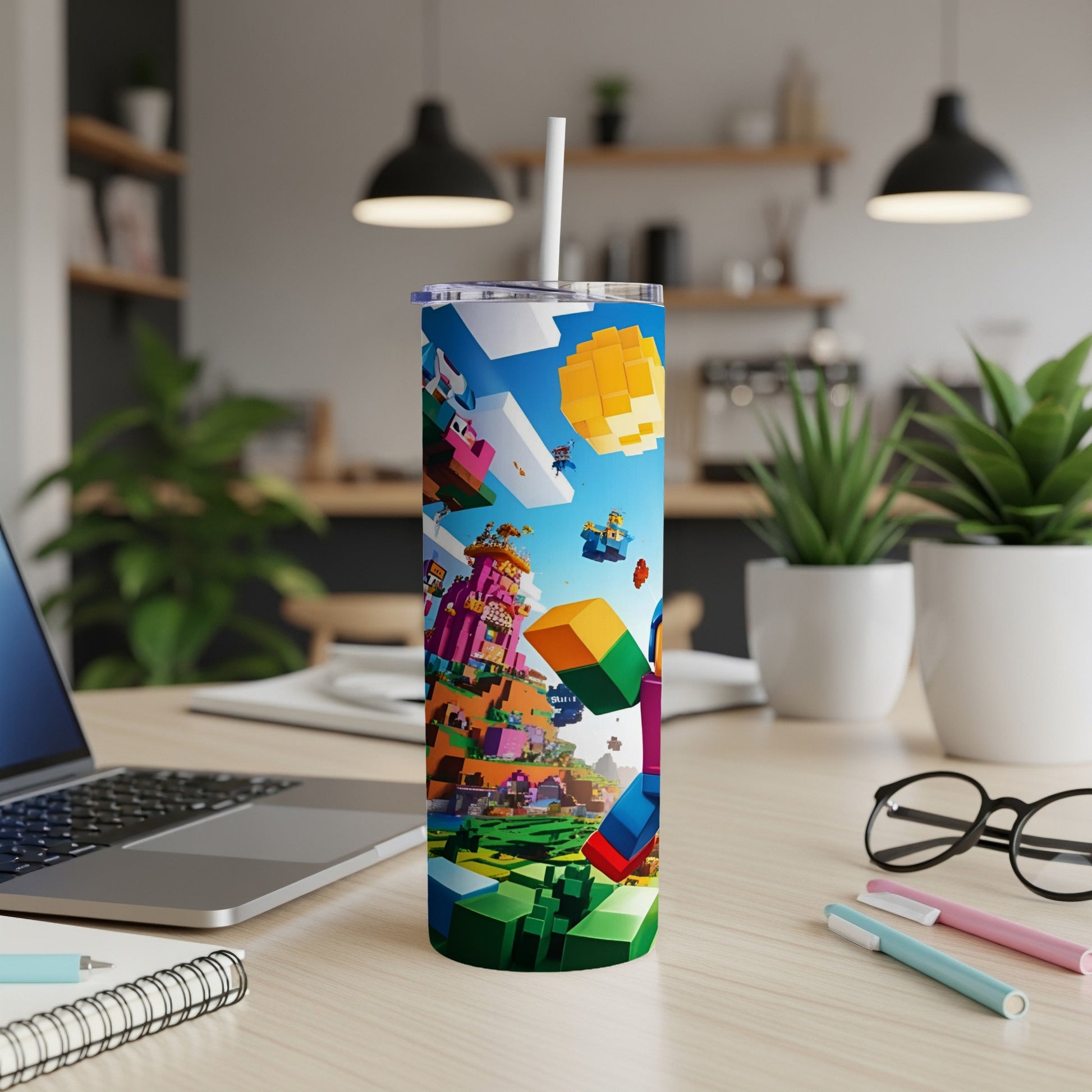 Minecraft tumbler featuring characters and blocks from the game.
