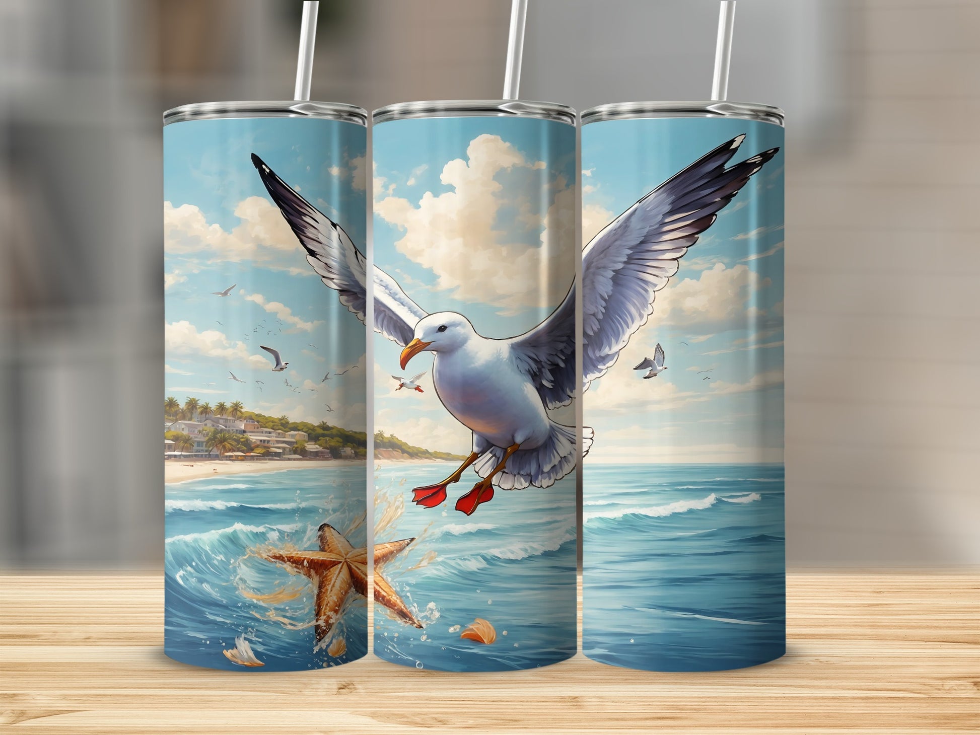 Seagull and starfish in ocean waves, beach town background, on a tumbler.