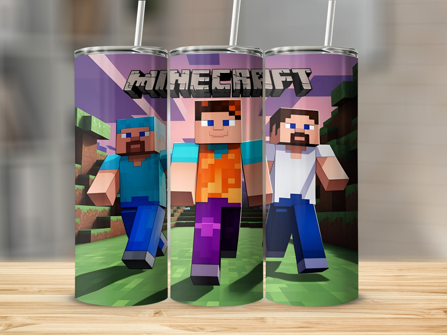 Minecraft characters Steve, Alex, and Notch on a tumbler.