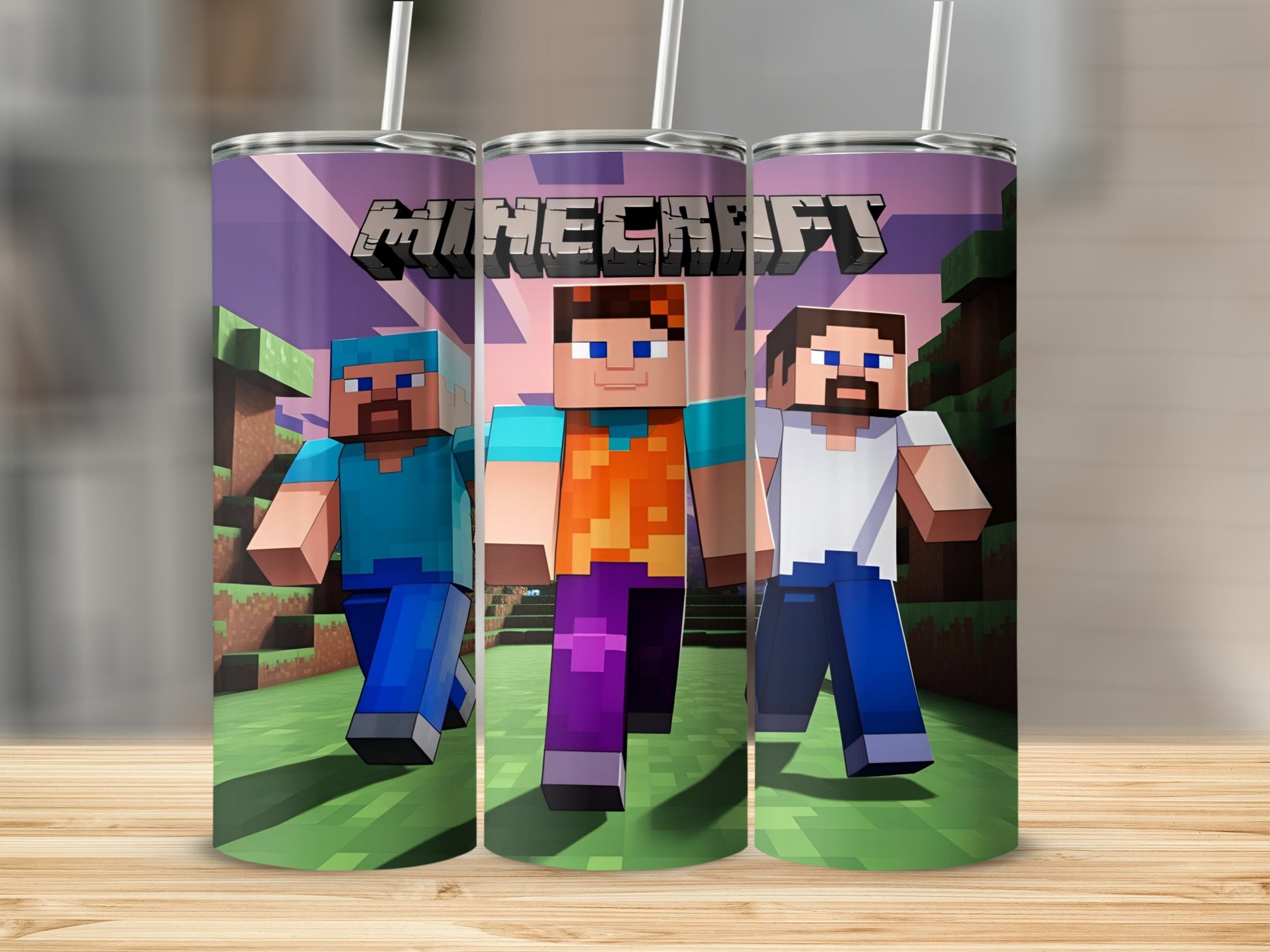 Minecraft characters Steve, Alex, and Notch on a tumbler.