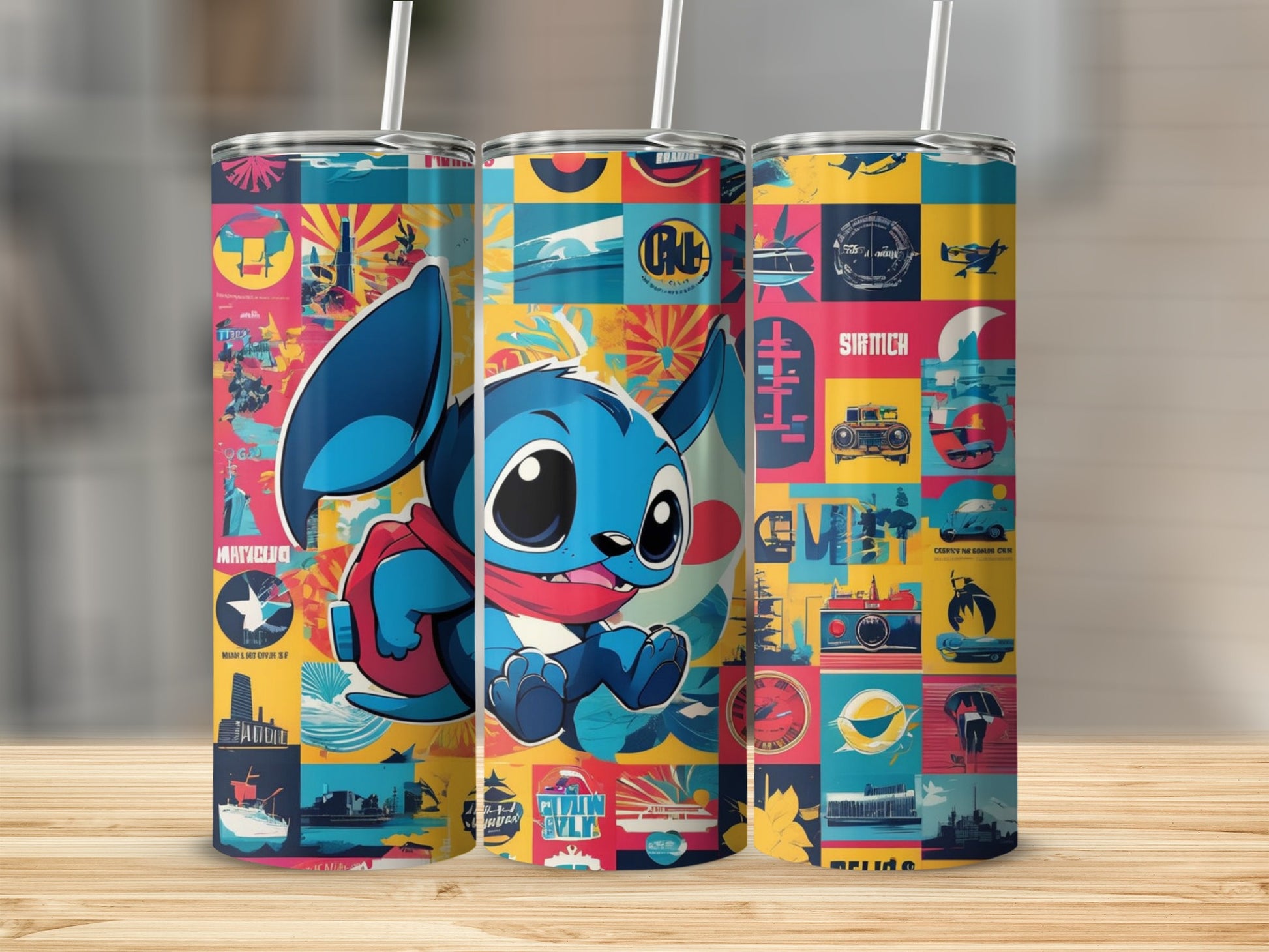 Stitch character on colorful tumbler with collage of travel and city graphics.