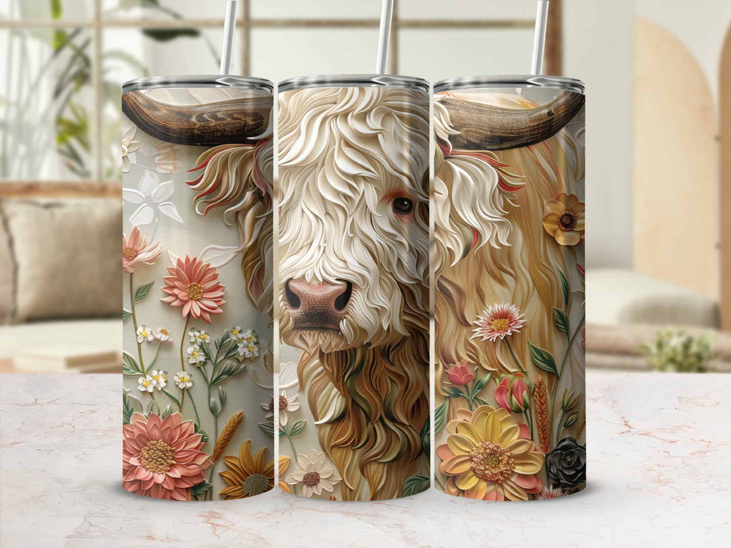 Three tumblers with a Highland cow and floral design.