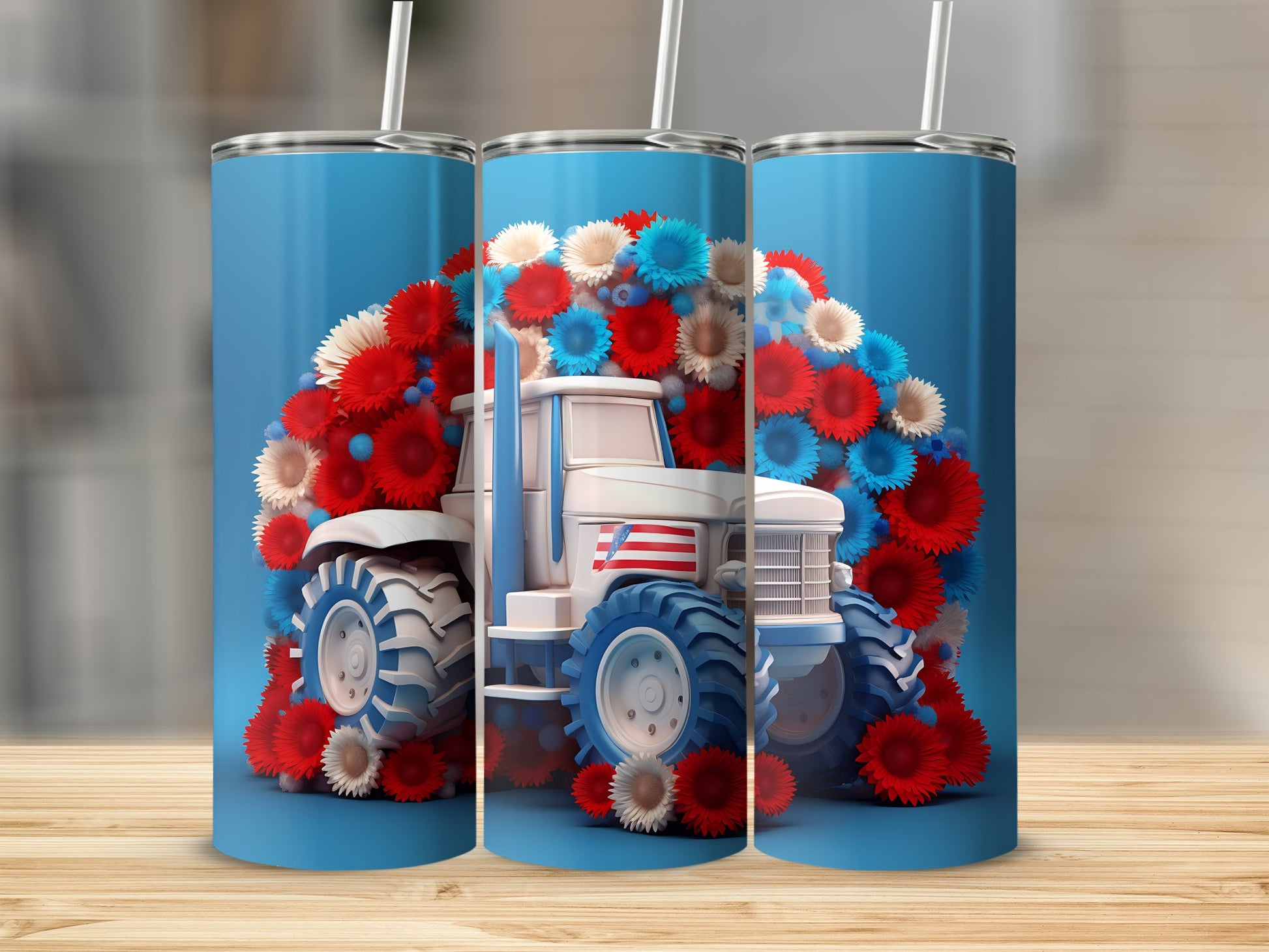 White tractor with red, white, and blue flowers on blue background.