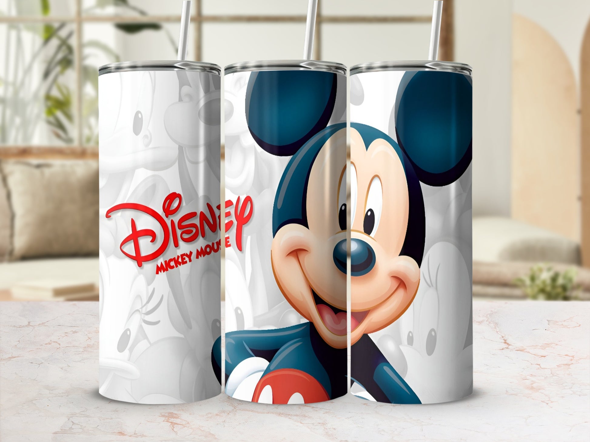 Mickey Mouse Disney tumbler with a repeating pattern of Mickey Mouse heads.