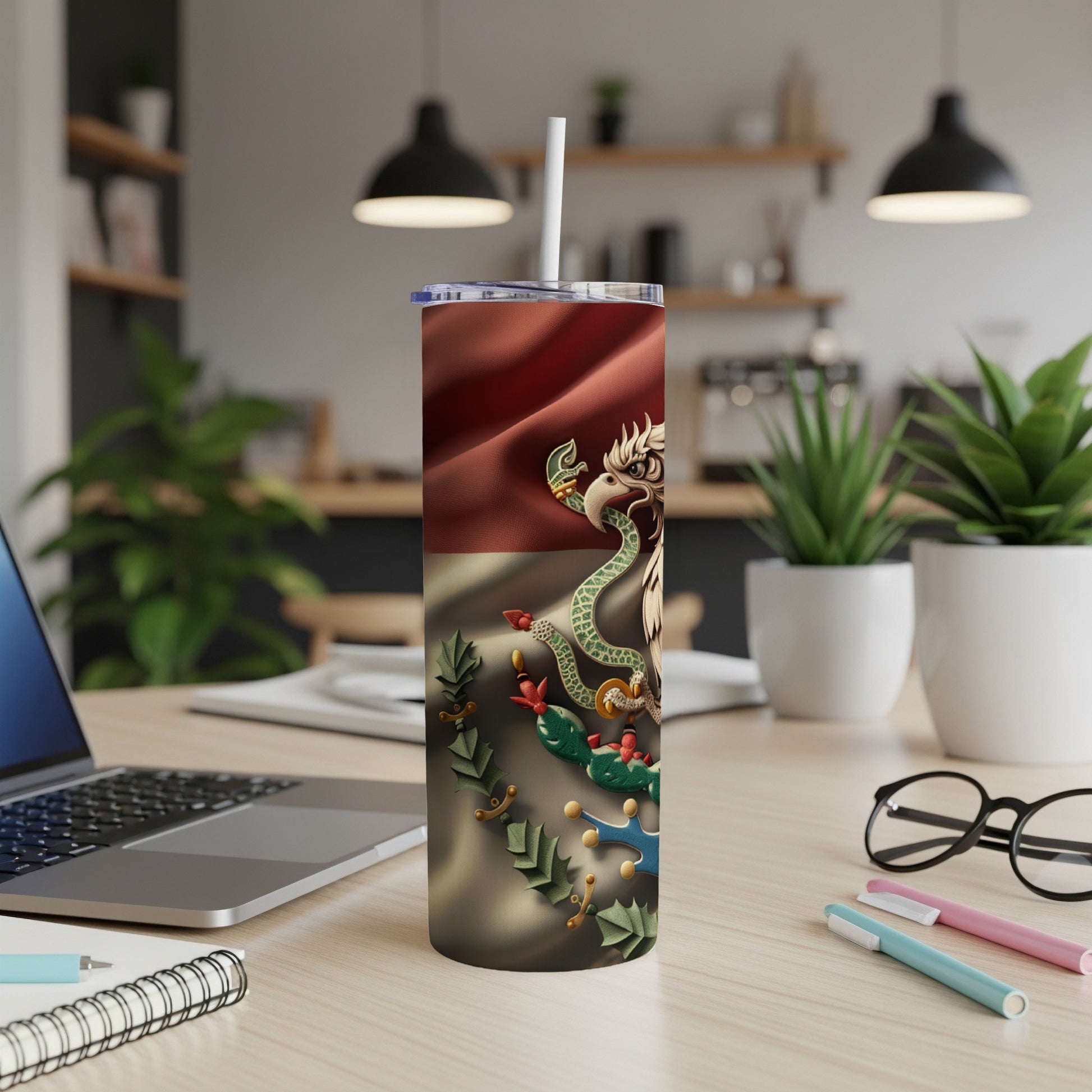 Mexican flag design on a stainless steel tumbler with a white straw.