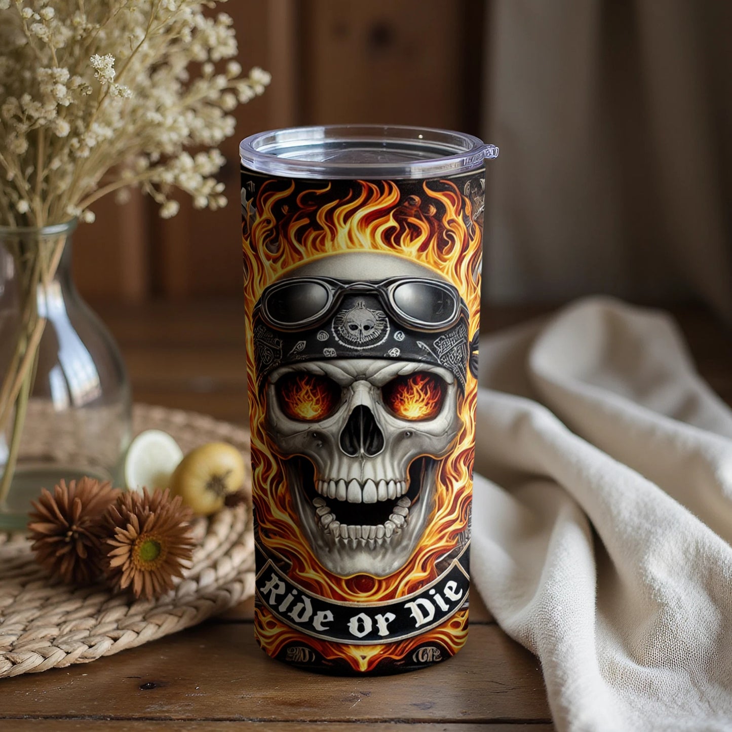 Skull with Flames Ride or Die Travel Tumbler Product