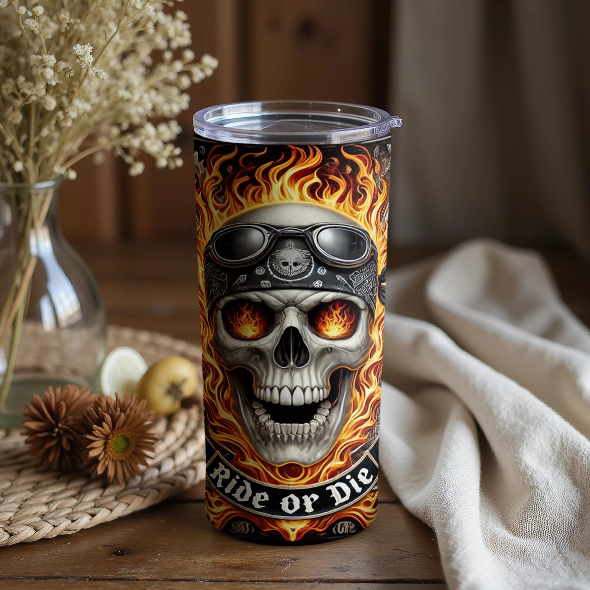 Skull with Flames Ride or Die Travel Tumbler Product