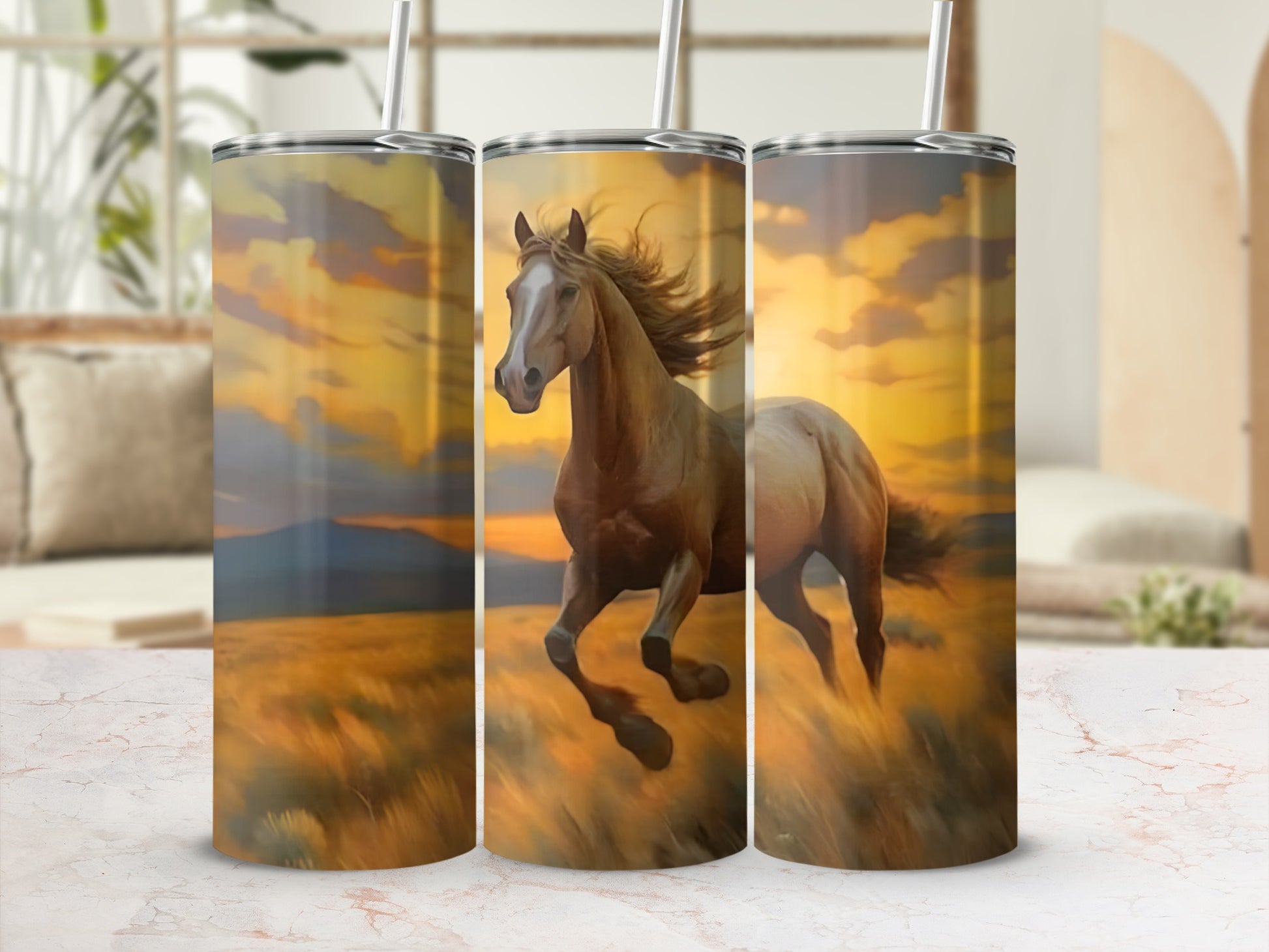 Three tumblers with a galloping horse at sunset in a grassy field.
