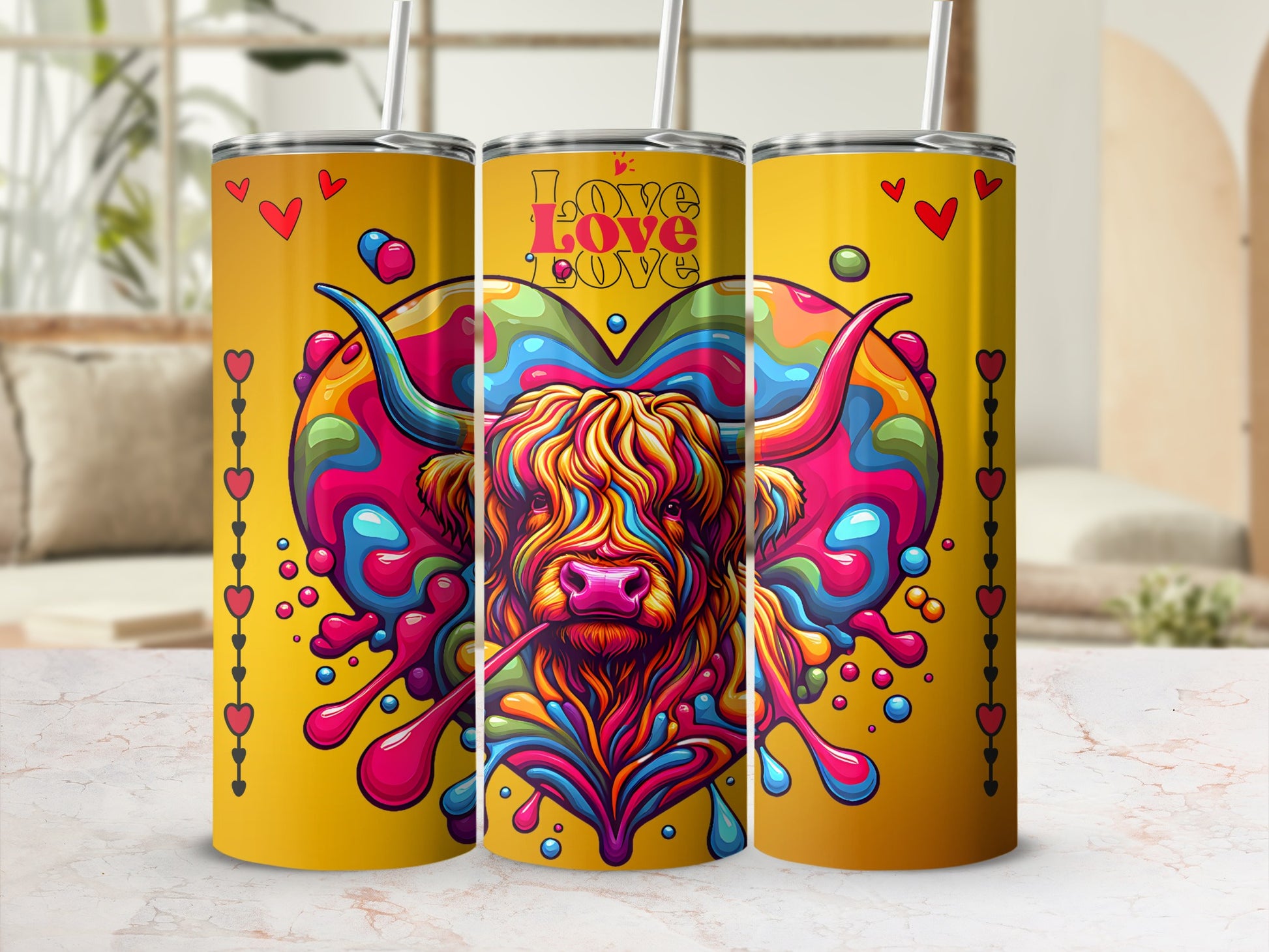 Colorful Psychedelic Bull Love Design Thermos Flask