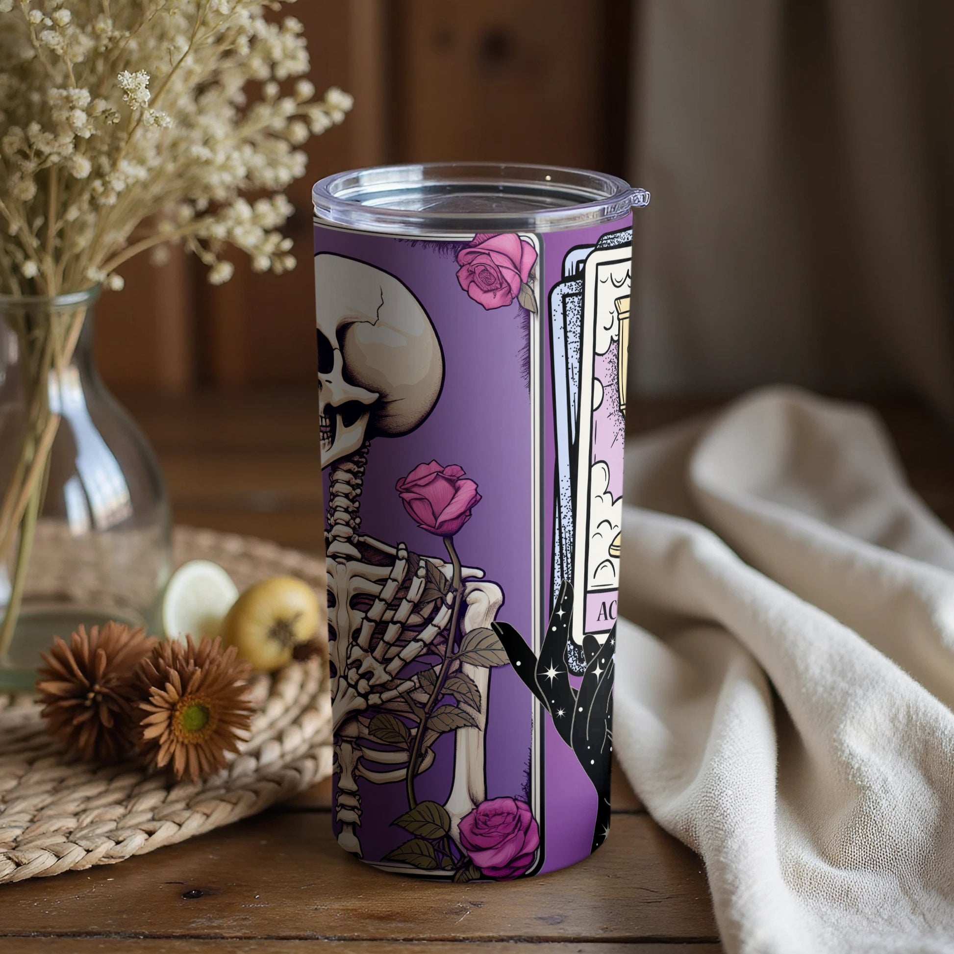 Mystical Skeleton Tarot Tumbler Design with Roses
