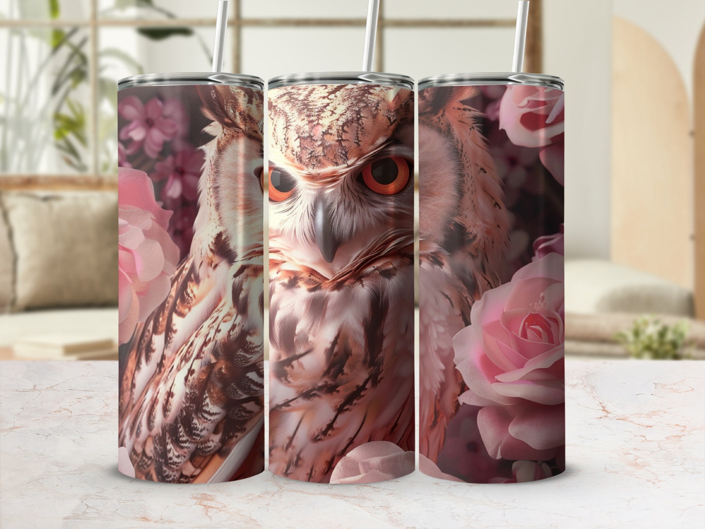 Close-up of an owl's face with pink roses on a tumbler.