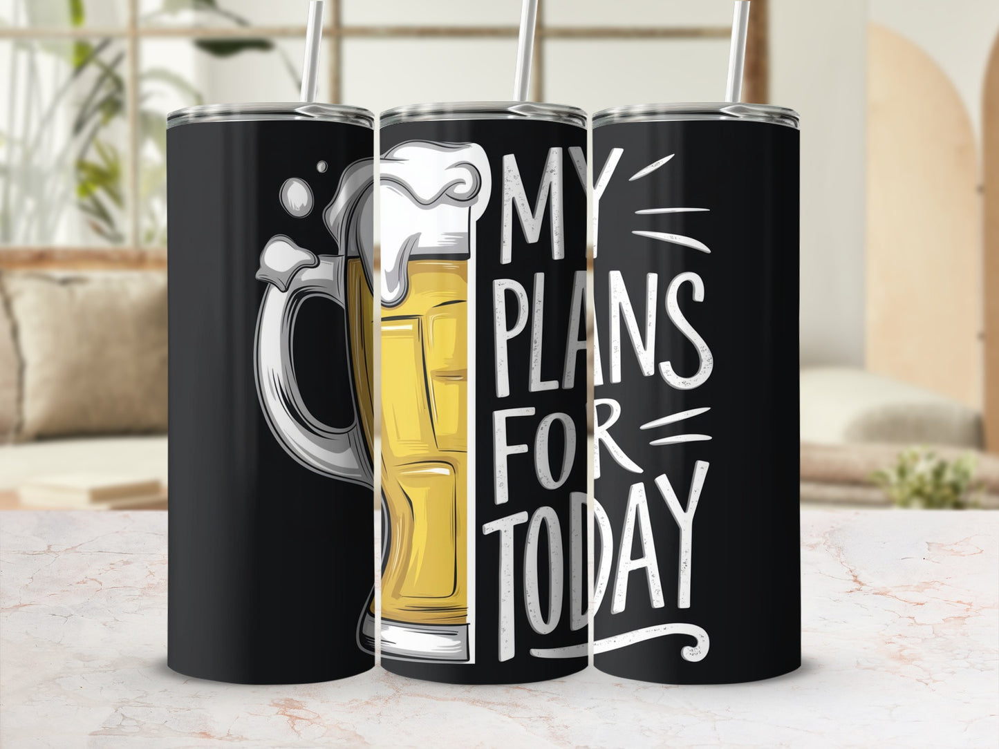 Black tumbler with beer mug graphic and text "MY PLANS FOR TODAY".