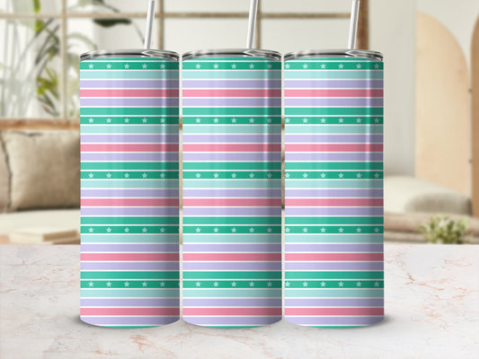 Three insulated tumblers with pastel stripes and stars.