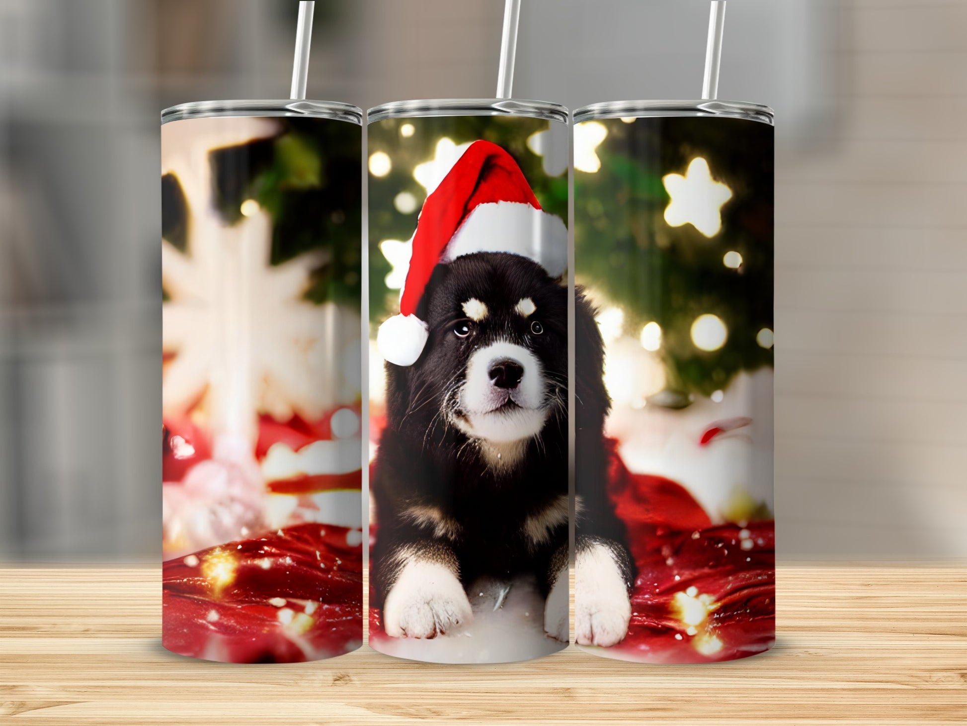 Black and tan puppy wearing Santa hat on festive background.