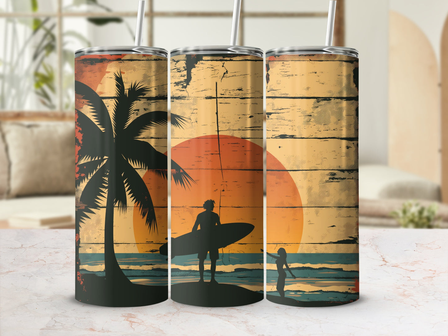 Beach scene with palm tree and surfers on a tumbler.
