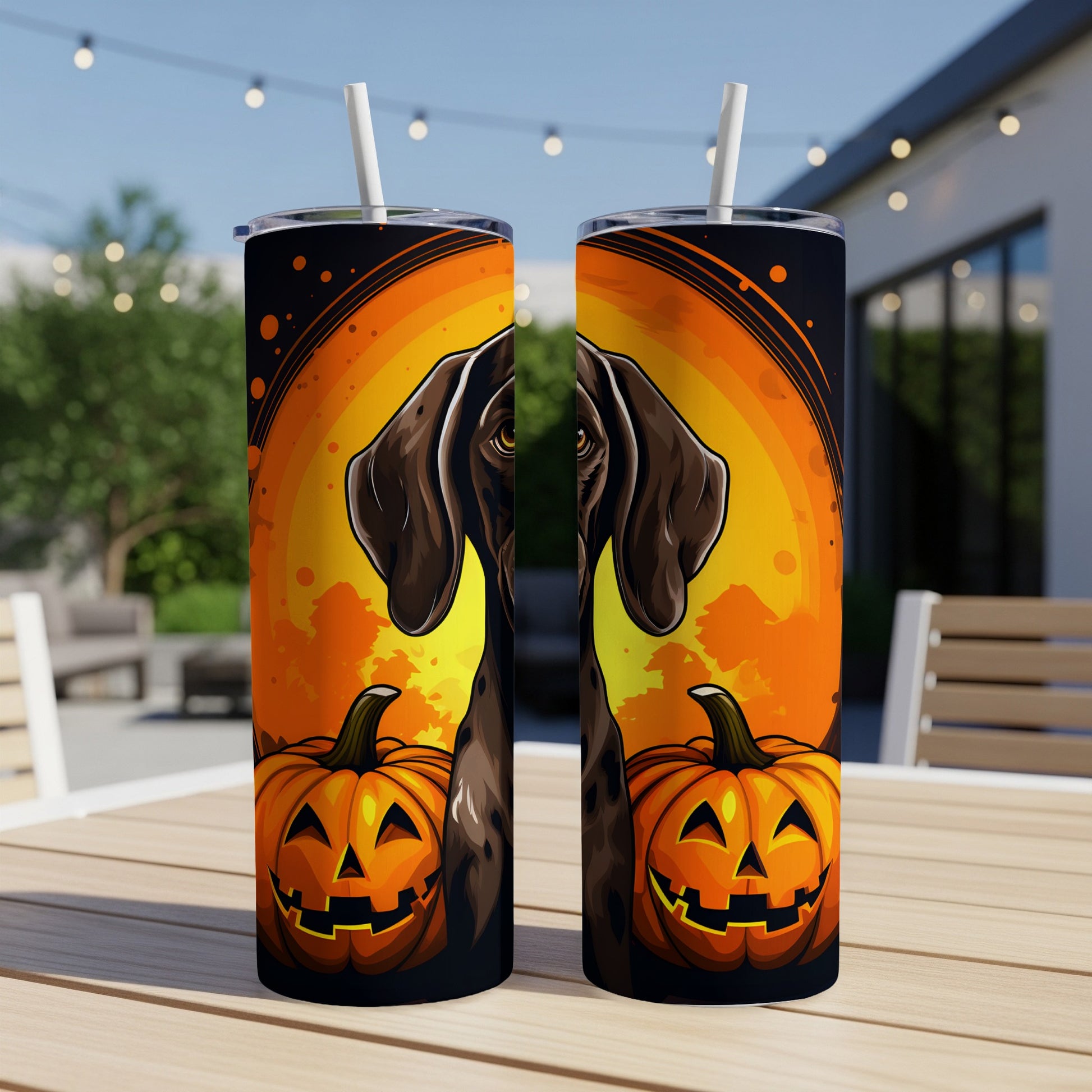 Two tumblers with a German Shorthaired Pointer and jack-o'-lantern Halloween design.