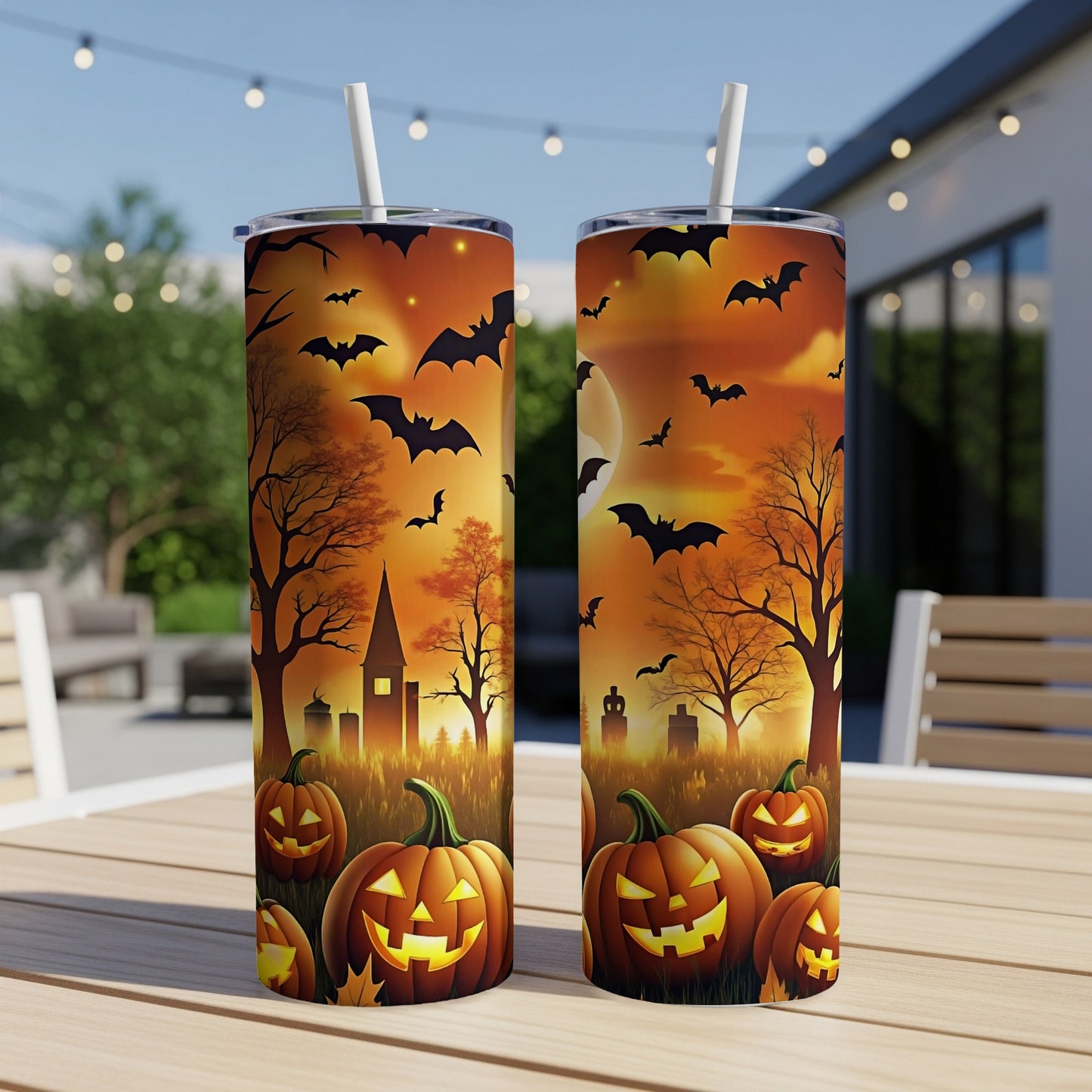 Two tumblers with a Halloween scene featuring pumpkins, bats, and spooky trees.