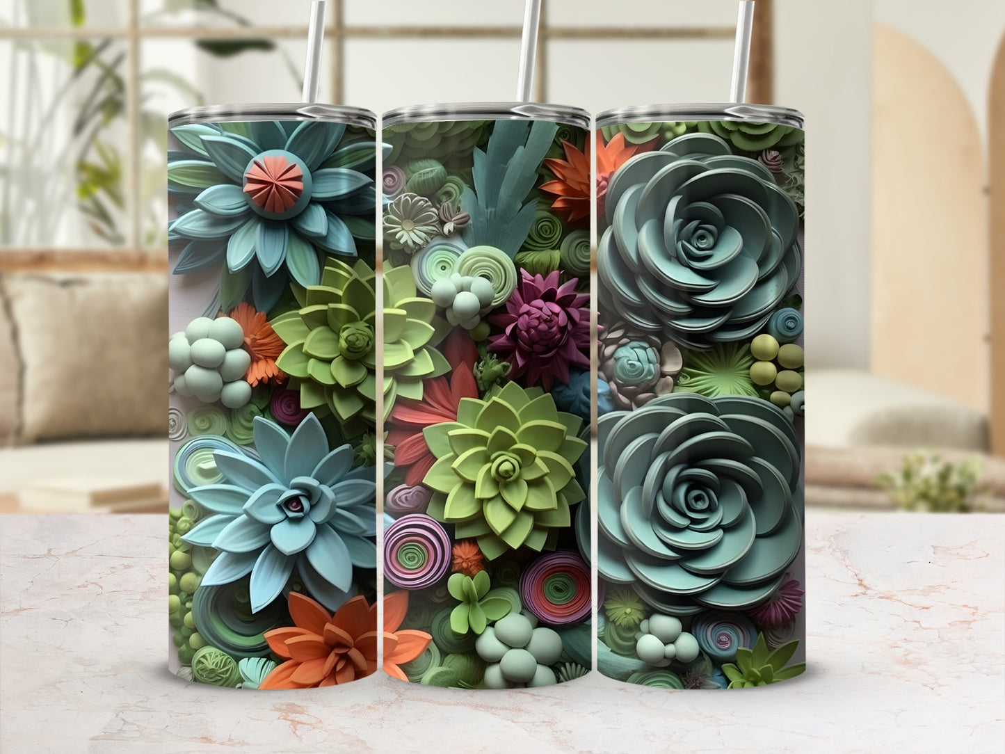 Colorful Succulent Pattern Insulated Tumbler Set