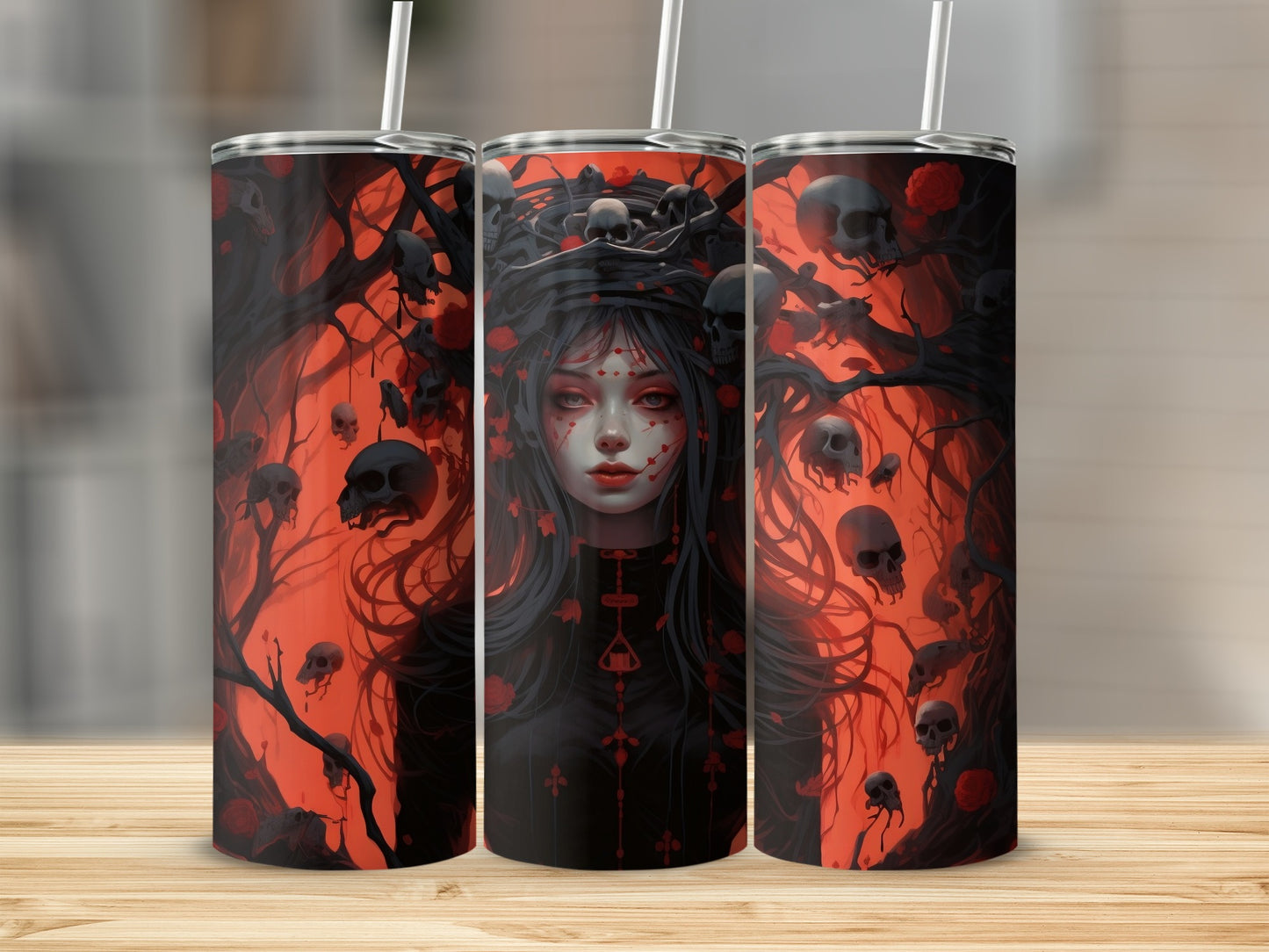 Triptych tumbler with dark gothic art featuring a woman and skulls on a red background.