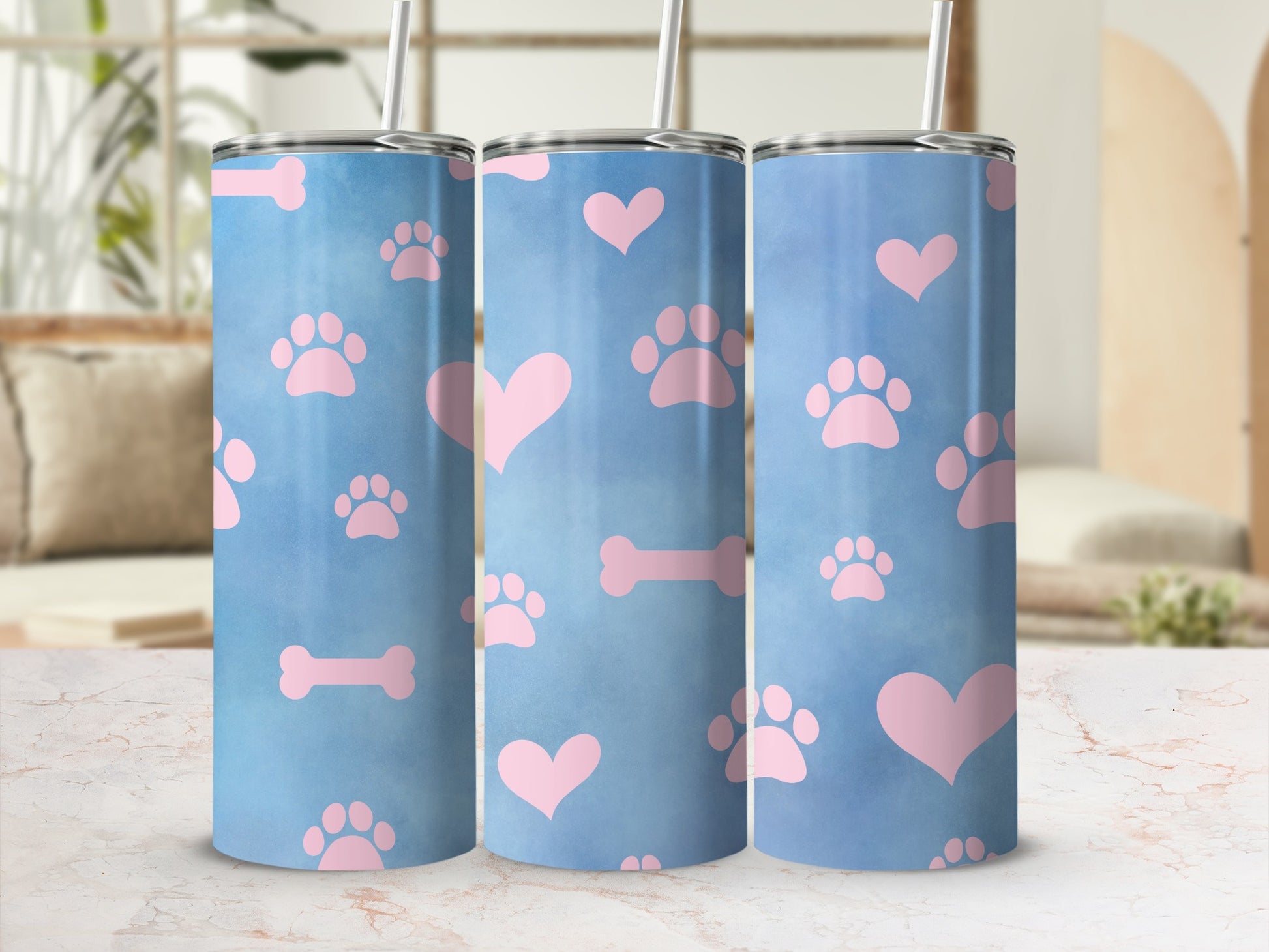 Cute Blue Tumbler with Pink Paw Prints and Hearts Design