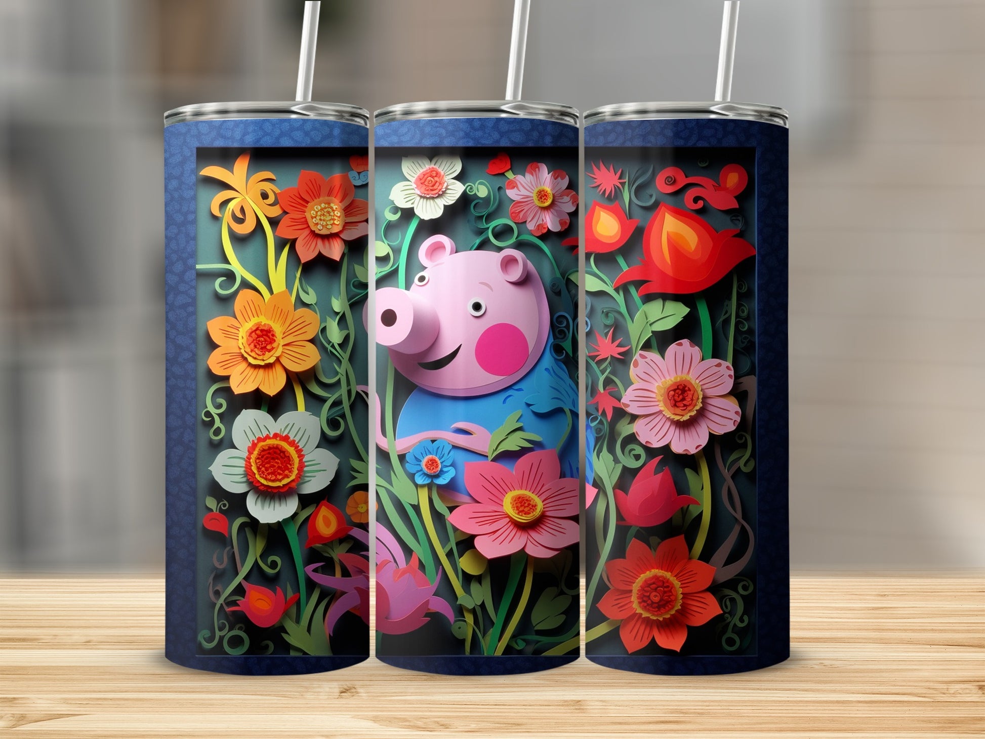 Peppa Pig with Colorful Floral Background Tumbler