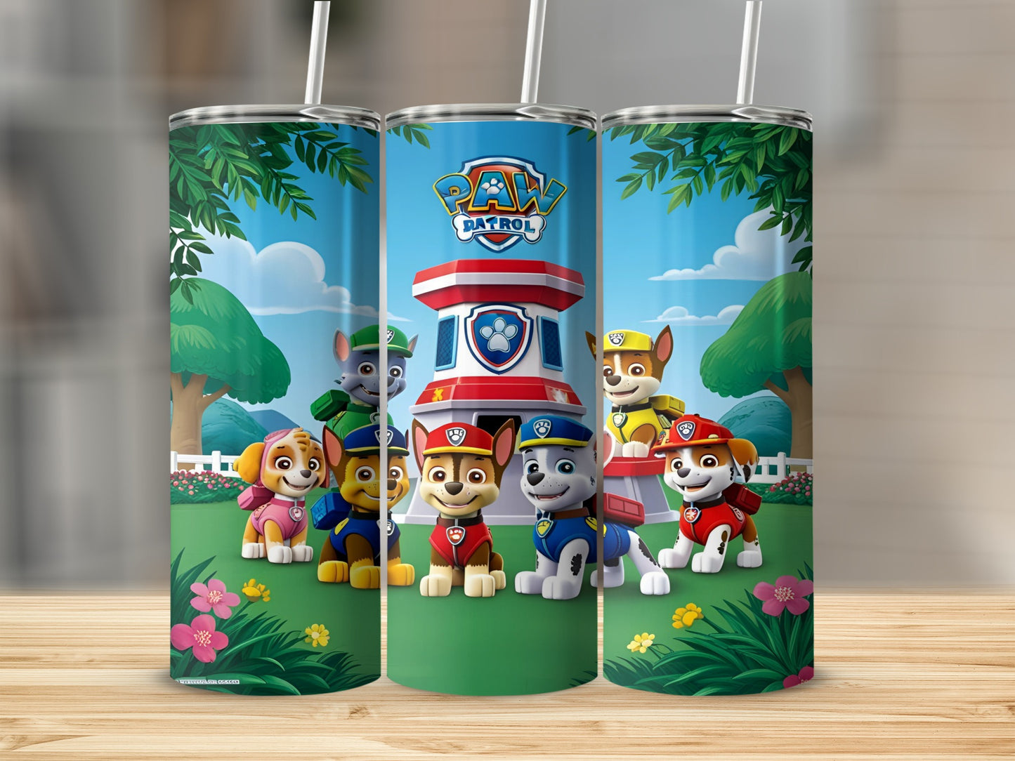 Paw Patrol pups at the lookout tower with trees and flowers.