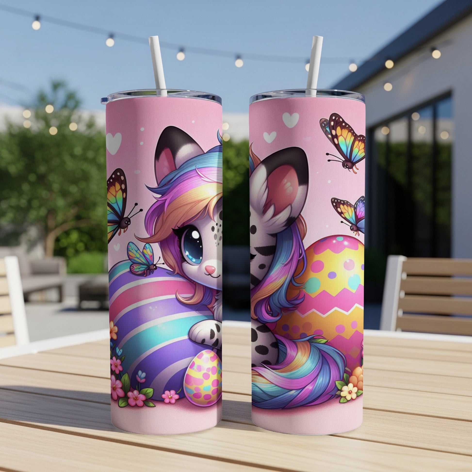 Colorful cartoon cat with rainbow mane and Easter eggs.