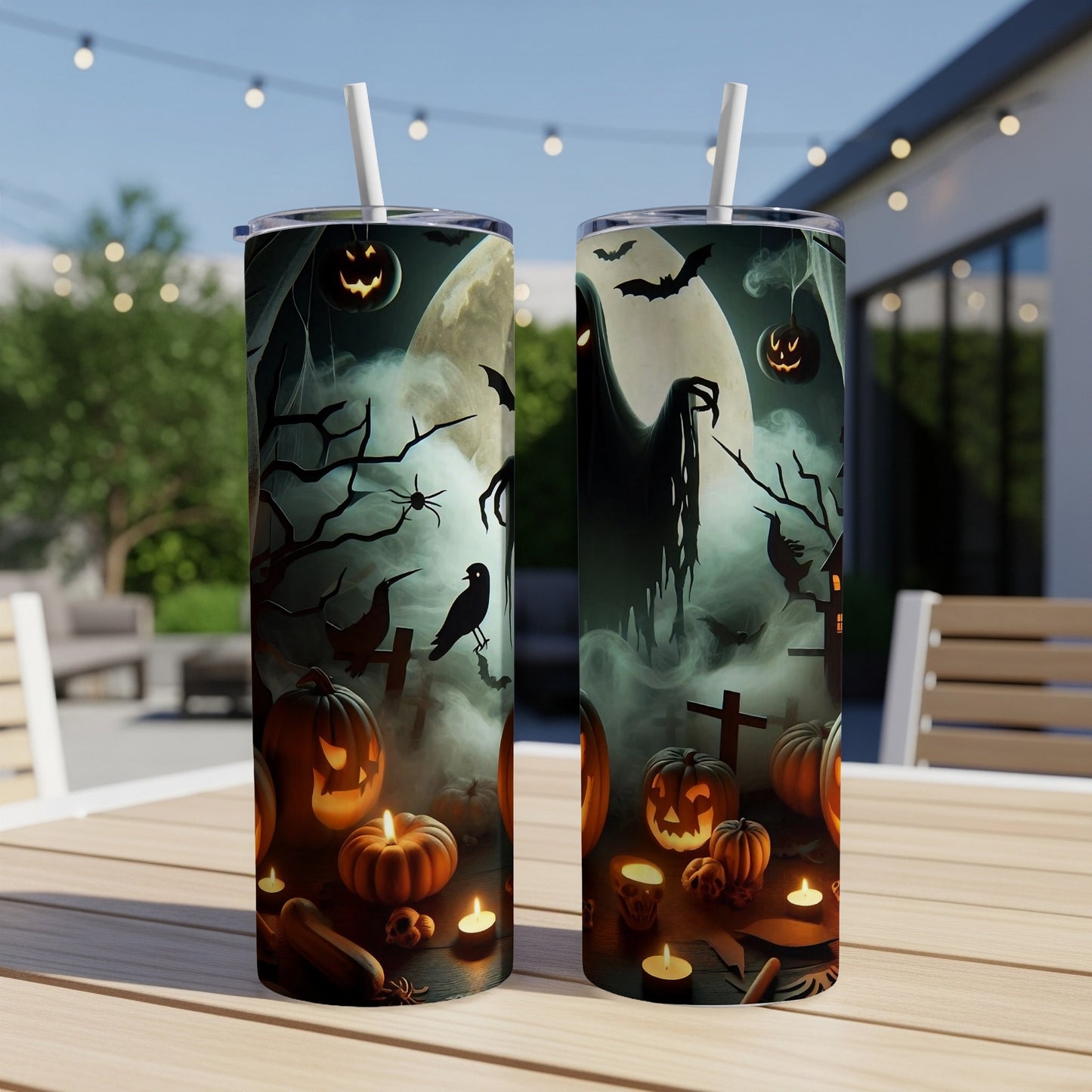Two Halloween-themed tumblers with spooky designs, including ghosts, bats, and jack-o'-lanterns.