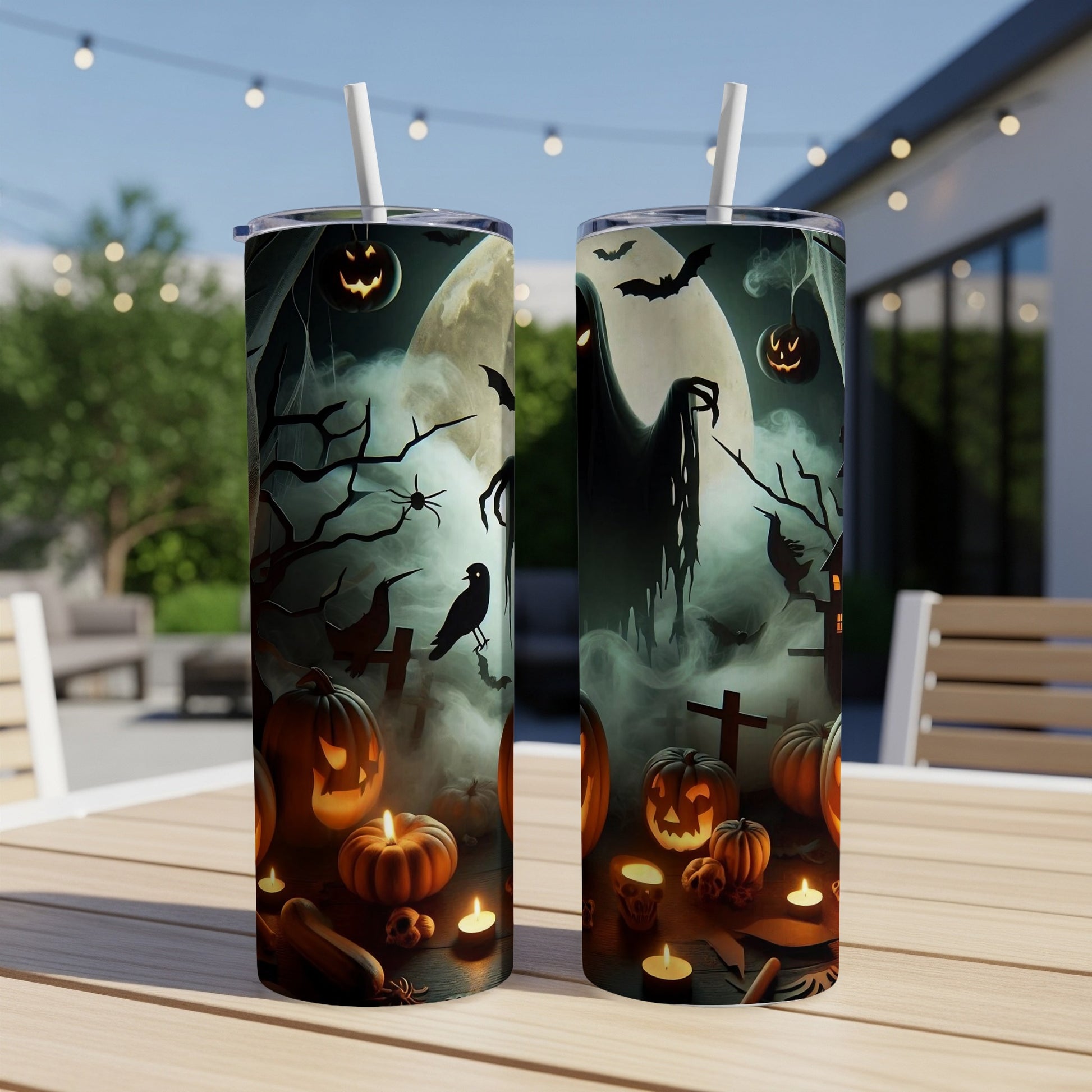 Two Halloween-themed tumblers with spooky designs, including ghosts, bats, and jack-o'-lanterns.