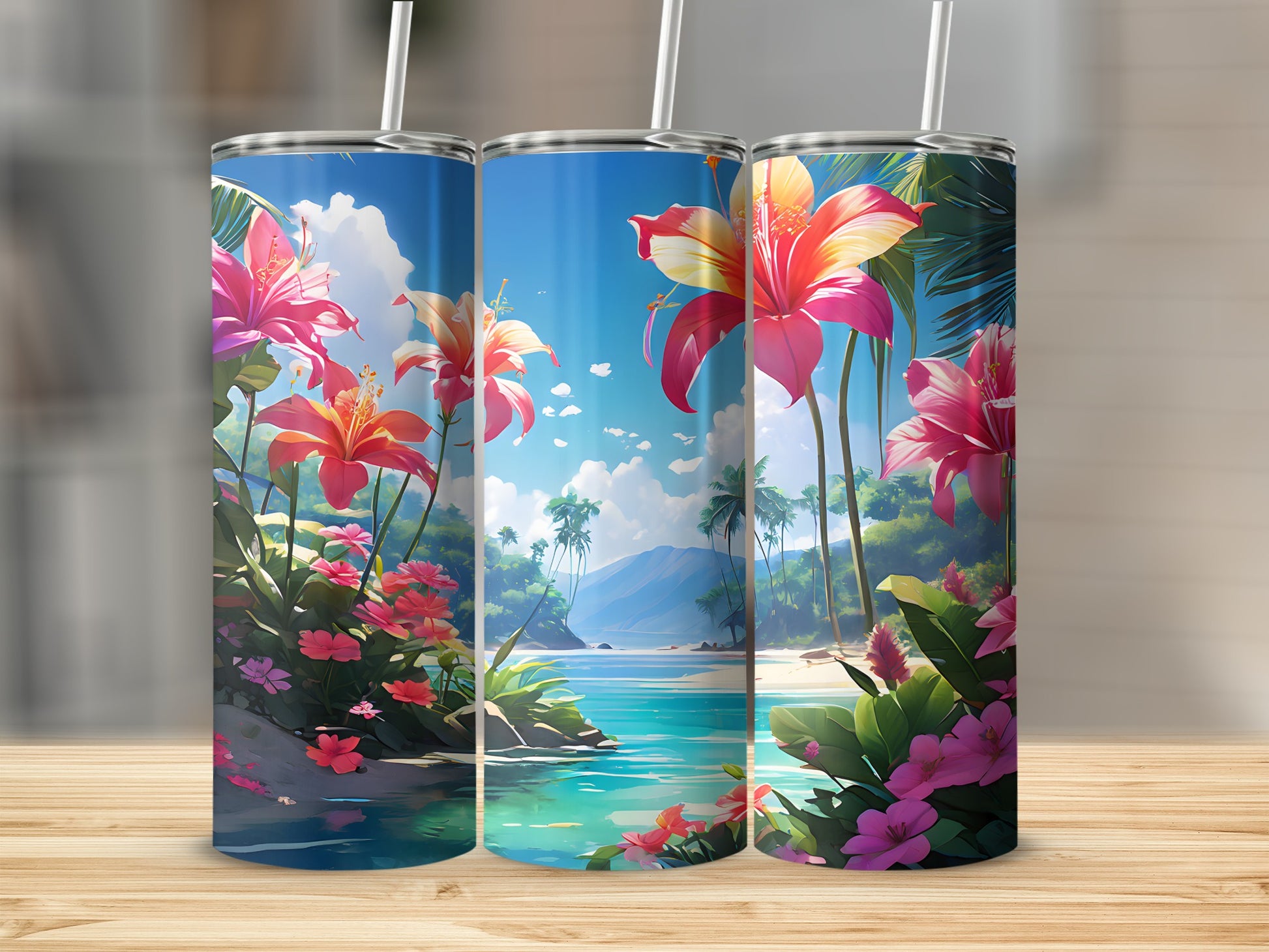 Three tumblers with a tropical beach scene and floral illustrations.